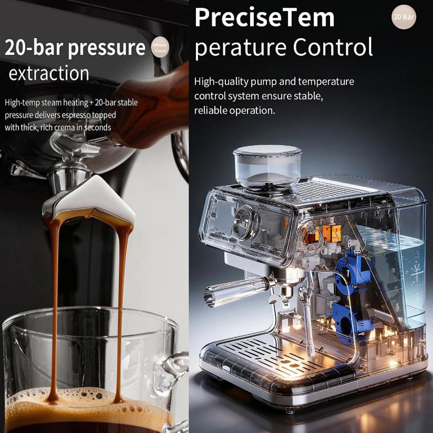 Molinillo de café y cafetera, máquina de Espresso de 20 Bares, ajustes de Temperatura y Volumen, Pantalla táctil LCD, para Baristas caseros o para Preparar Lattes y capuchinos.