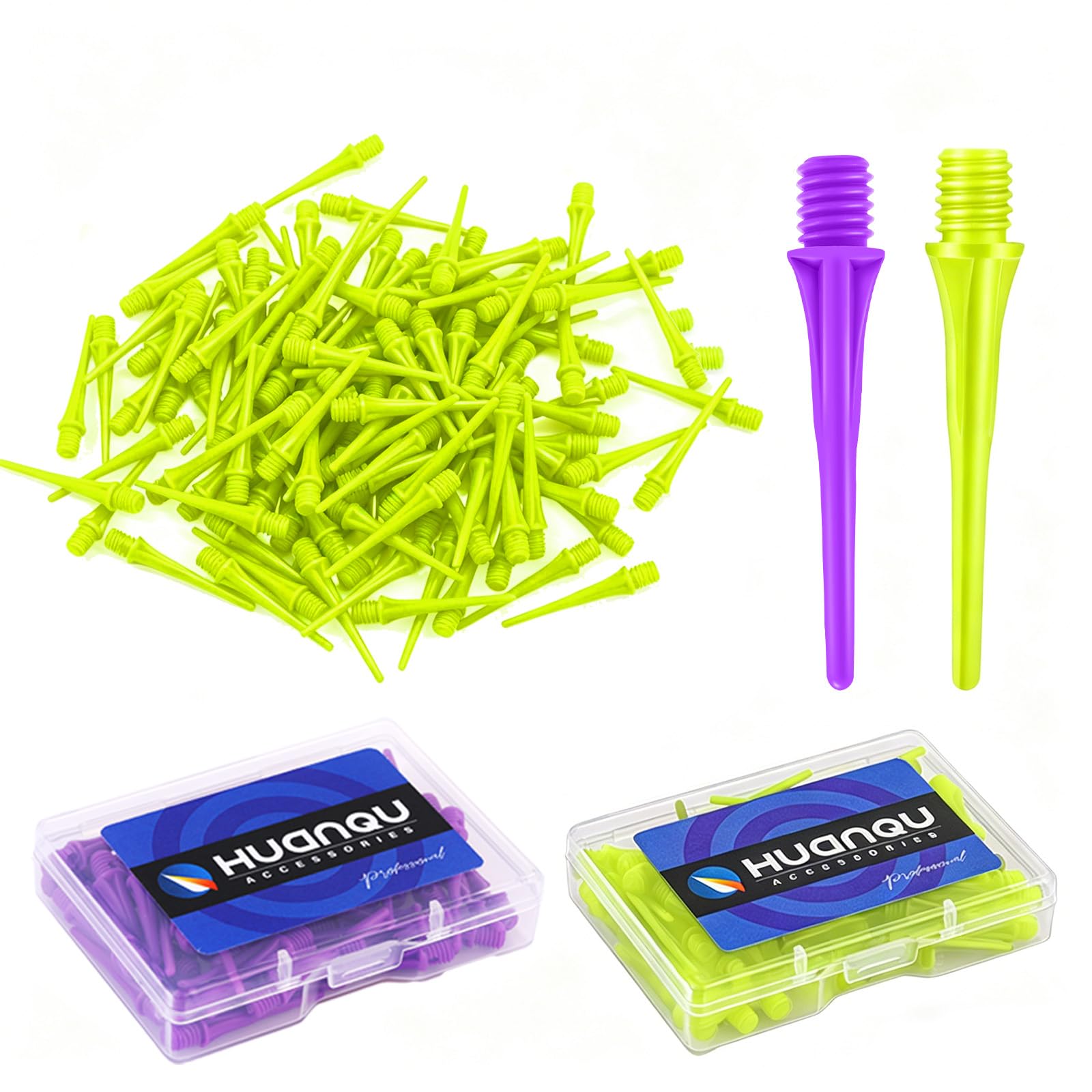 HUANQU 200pcs Dart Points Purple+Green Soft Tip Dart Tips with 2 Storage Cases, 2BA Replacement Dart Points for Soft Tip Darts Board, Darts for Electronic Dart Board, Durable Darts Accessories