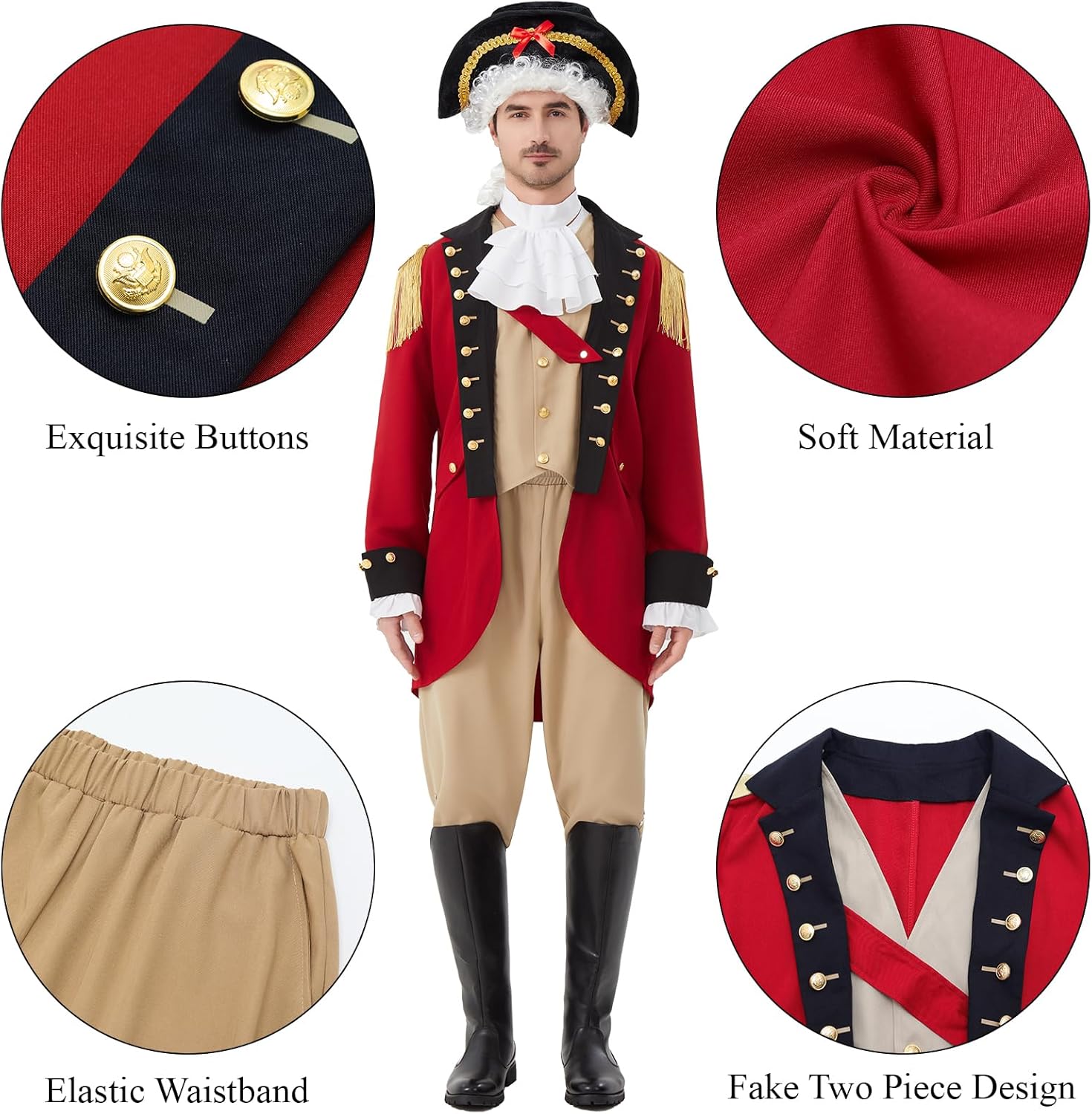 Mens Founding Father Costume Adult Revolutionary War Outfit Colonial Costume Military with Wig Hat - Image 3
