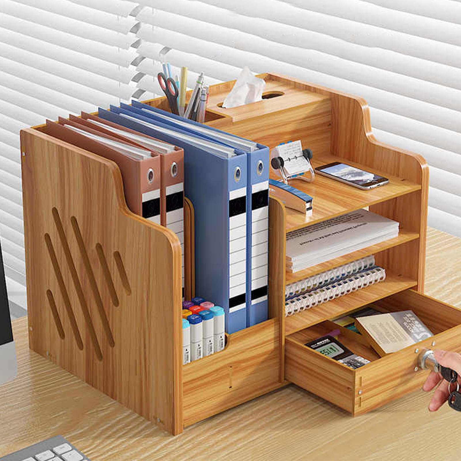 Organizer Scrivania Legno, Multifunzione Organizer da Scrivania, con Scomparti Organizzatore Ufficio, Porta Penne per Scrivania Multifunzione(Light brown)
