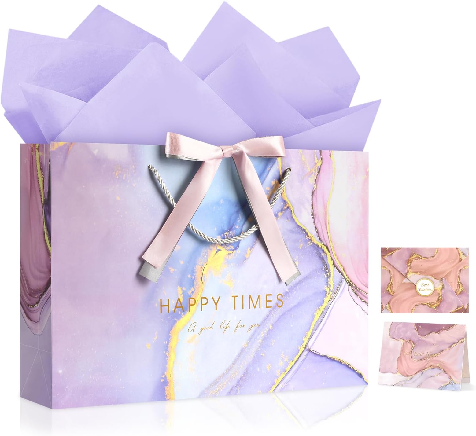 Large Gift Bag with Tissue Papers and Greeting Card Two-Tone Ribbon, Purple Marble Pattern Gift Bags, Birthday Gift Bag with Handles, Present Bags for Valentines Day Wedding Party Supplies