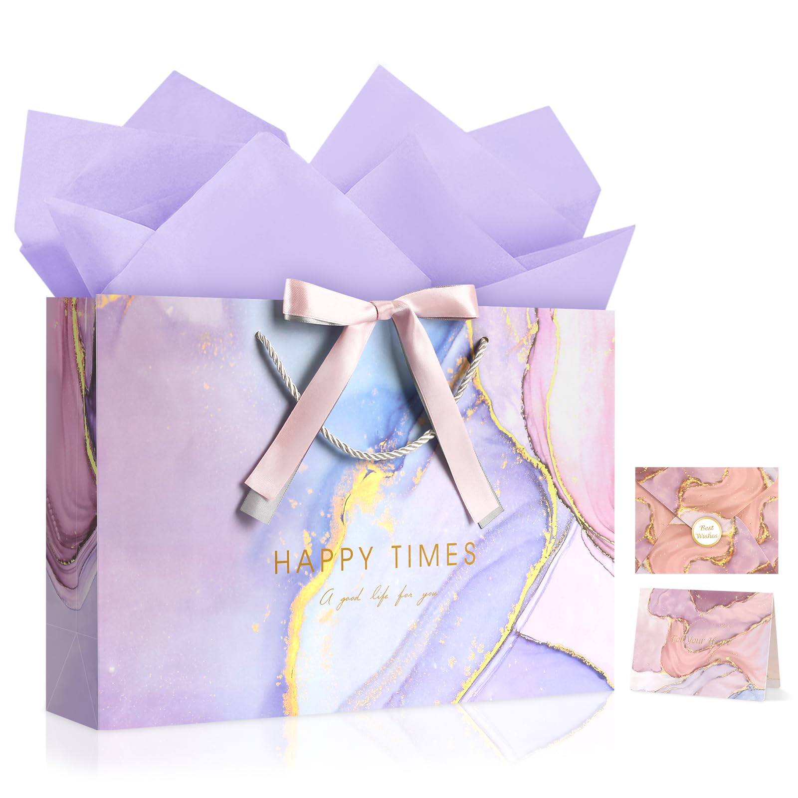 Large Gift Bag with Tissue Papers and Greeting Card Two-Tone Ribbon, Purple Marble Pattern Gift Bags, Birthday Gift Bag with Handles, Present Bags for Valentines Day Wedding Party Supplies