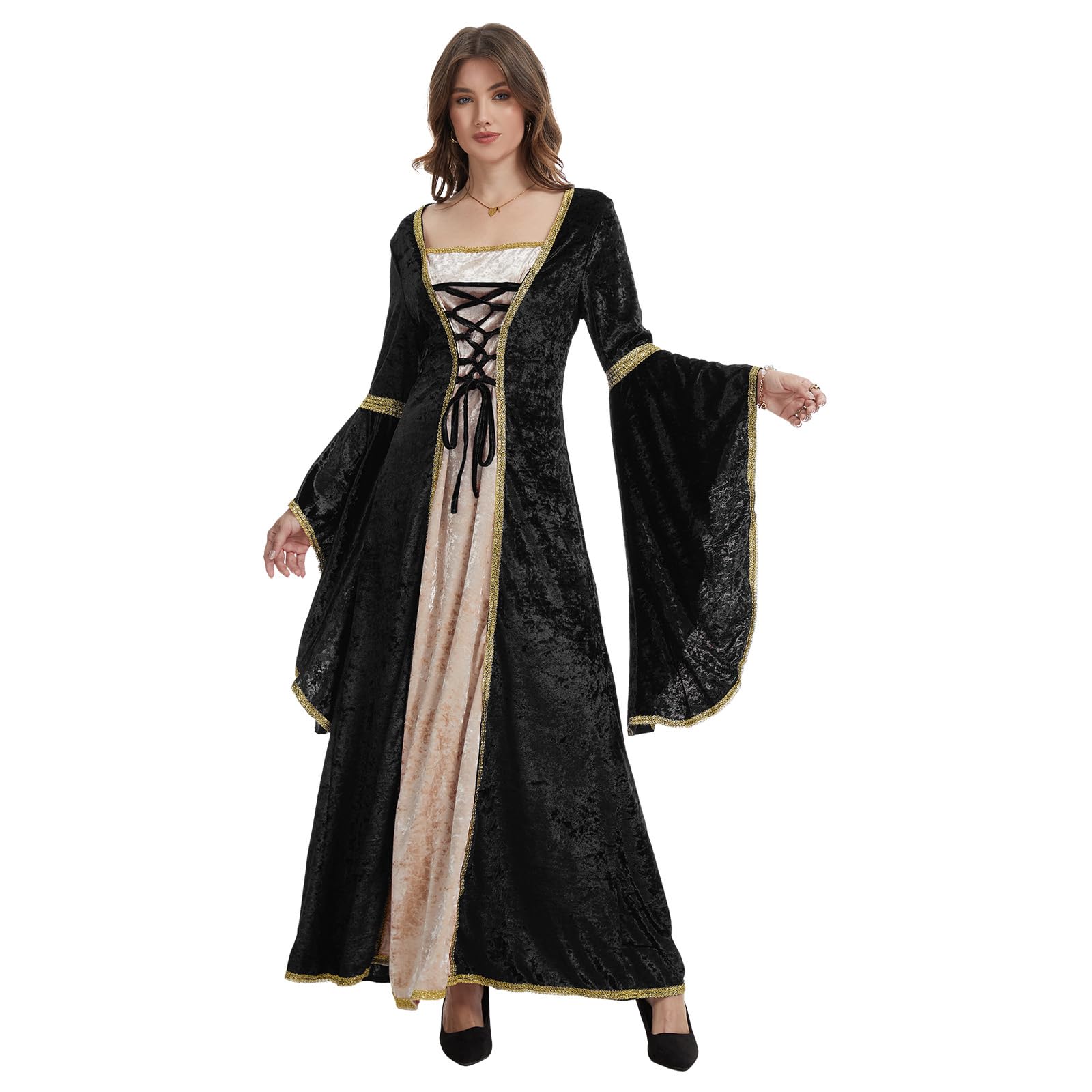 LLTTEER Renaissance Costume Women, Velvet Medieval Dress for Women,Medieval Gothic Retro Dress Halloween Irish Vintage Victorian Faire Costumes Cosplay Party (Black, XXL)