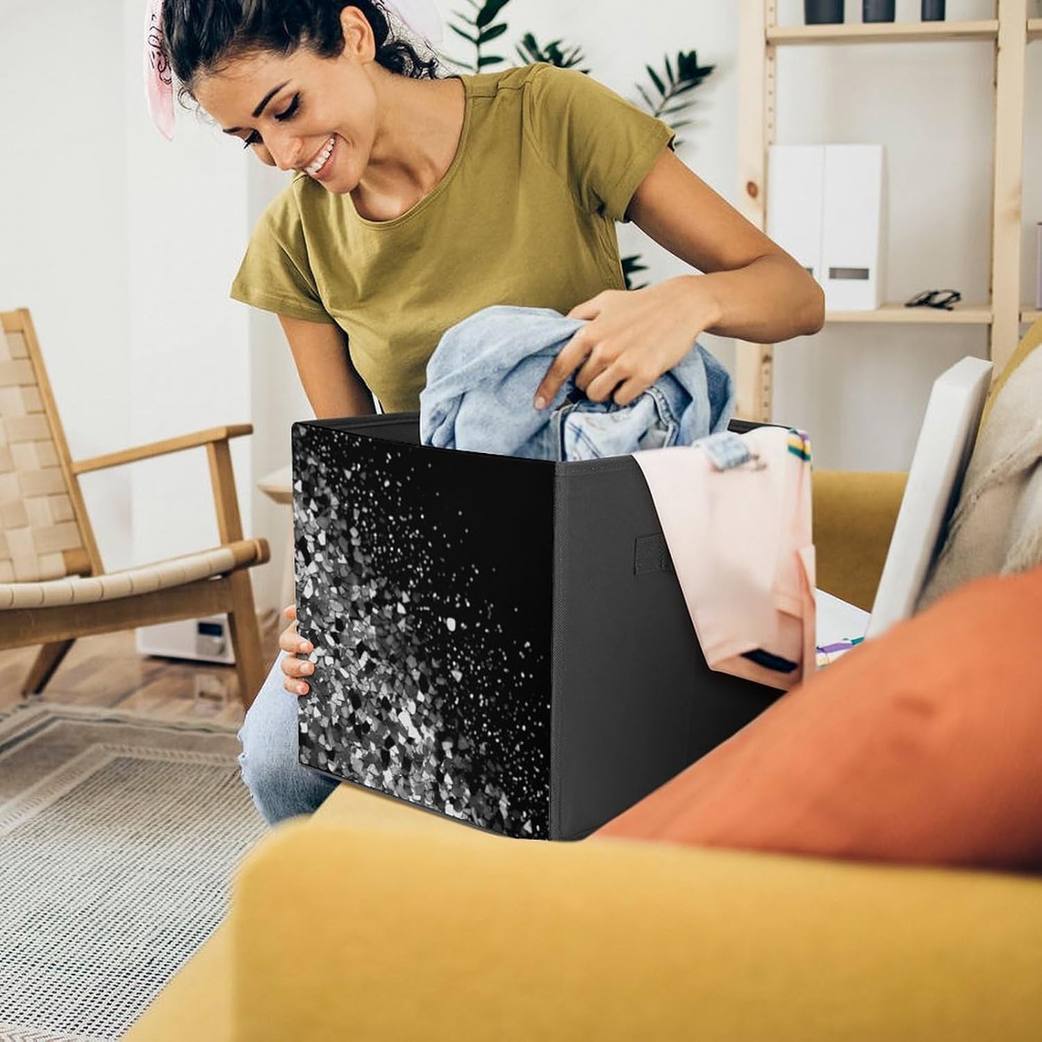Folding Storage Bins Oxford Fabric Clothes Storage Boxes with Handles | Black White Glitter Cube Organizer, Easy to Store, Multi Functional Cube Storage Organizer for Office Bedroom