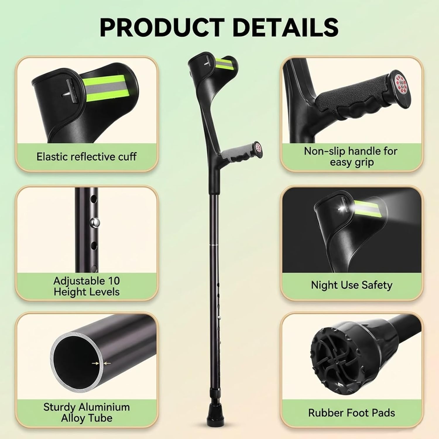 Forearm Crutches for Adults, Foldable Adjustable Arm Crutches with Anti-Drop Cuff & Reflective Design, Lightweight Aluminum Walking Crutches, 300 lbs Capacity (A Pair)