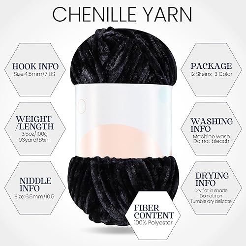 Vista 26 de Xinnun 12 madejas de terciopelo de chenilla de 1116 yardas, hilo de felpa suave y grueso, a granel para tejer a ganchillo, manta de tejer