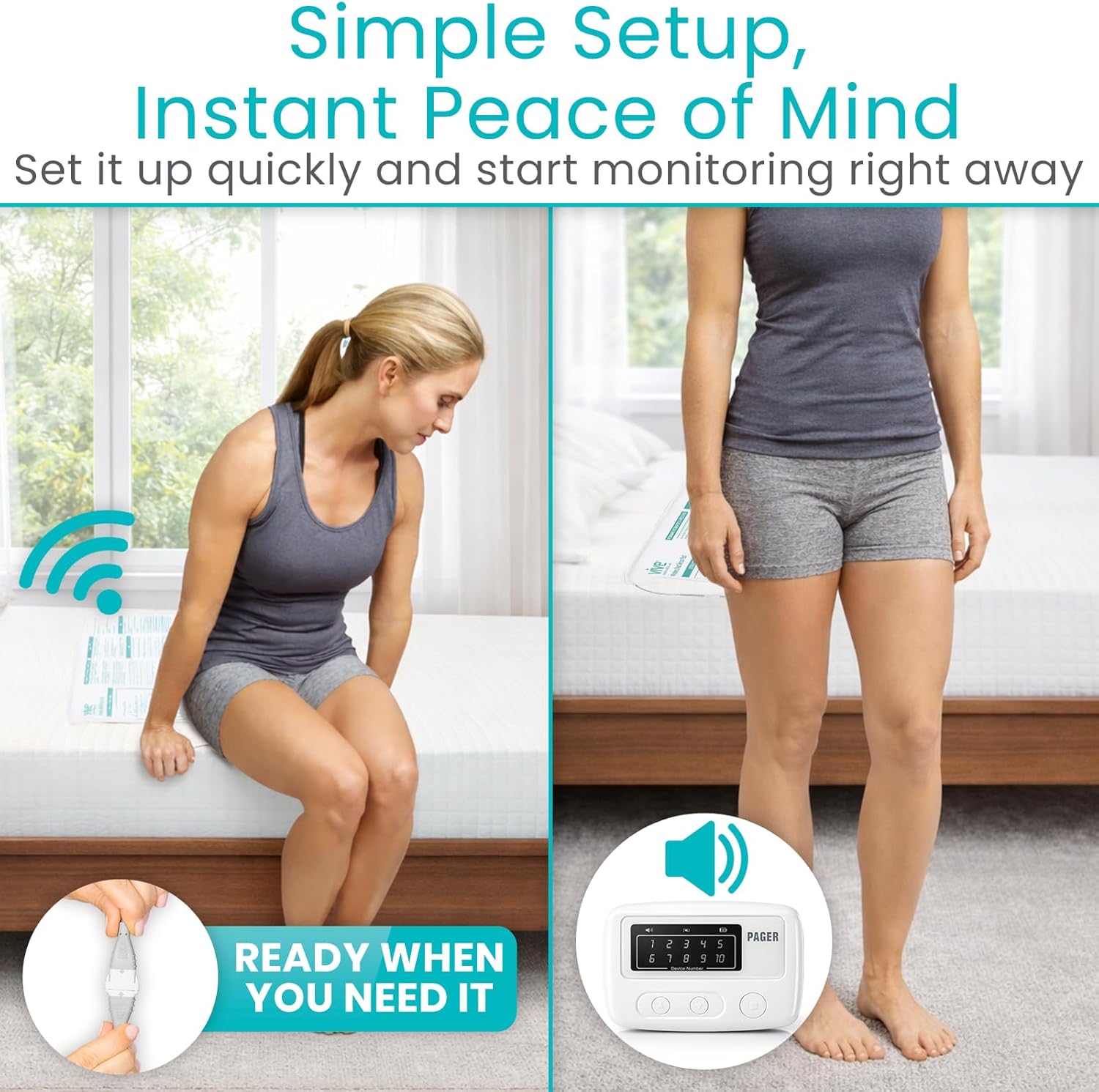 Vive Wireless Bed Alarm - Motion Sensor Kit for Elderly Dementia Patients - Weight Movement Pressure Pad Detector - Automatic Health Alert System for Mat Elderly
