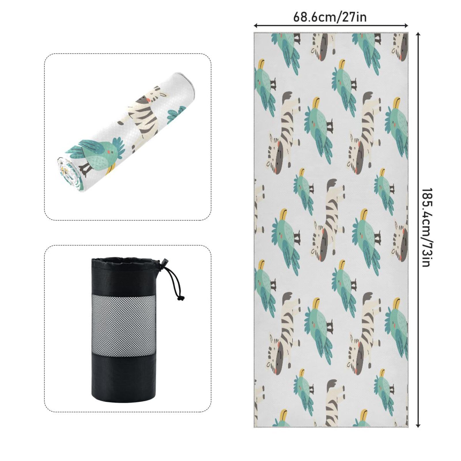 pnyoin Cartoon Zebras and Birds Yoga Towel,Hot Yoga Mat Towel with Grip Dots Sweat Absorbent Non-Slip for Hot Yoga, 24