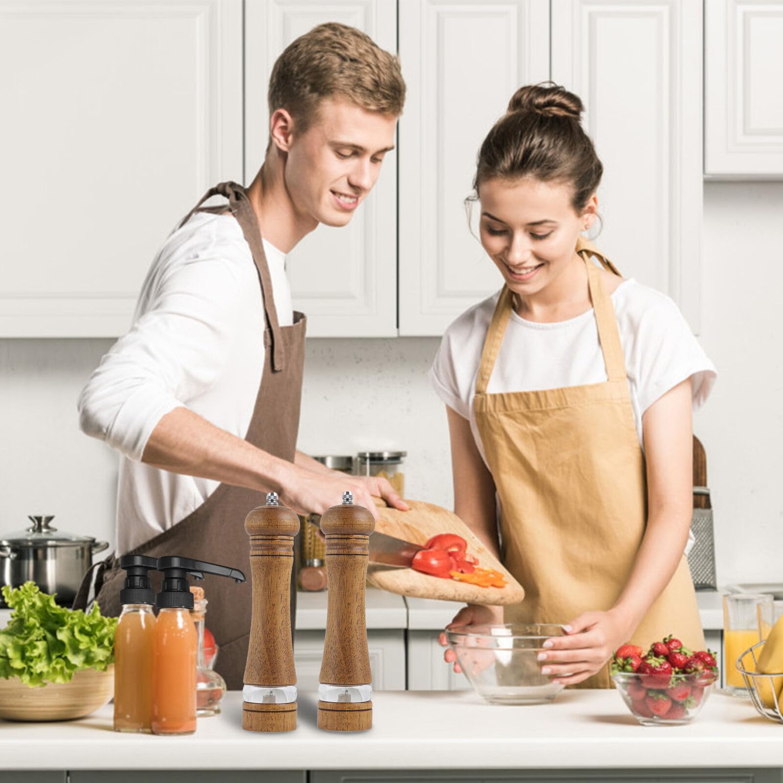 Macina Pepe Set di 2 Pezzi Legno,Macina Sale e Pepe Manuale con Trasparenti Finestra in Acrilico,Saliera e Pepiera con Regolabile Macinino in Ceramica per Sale, Pepe, Spezie,Macinapepe Manuale