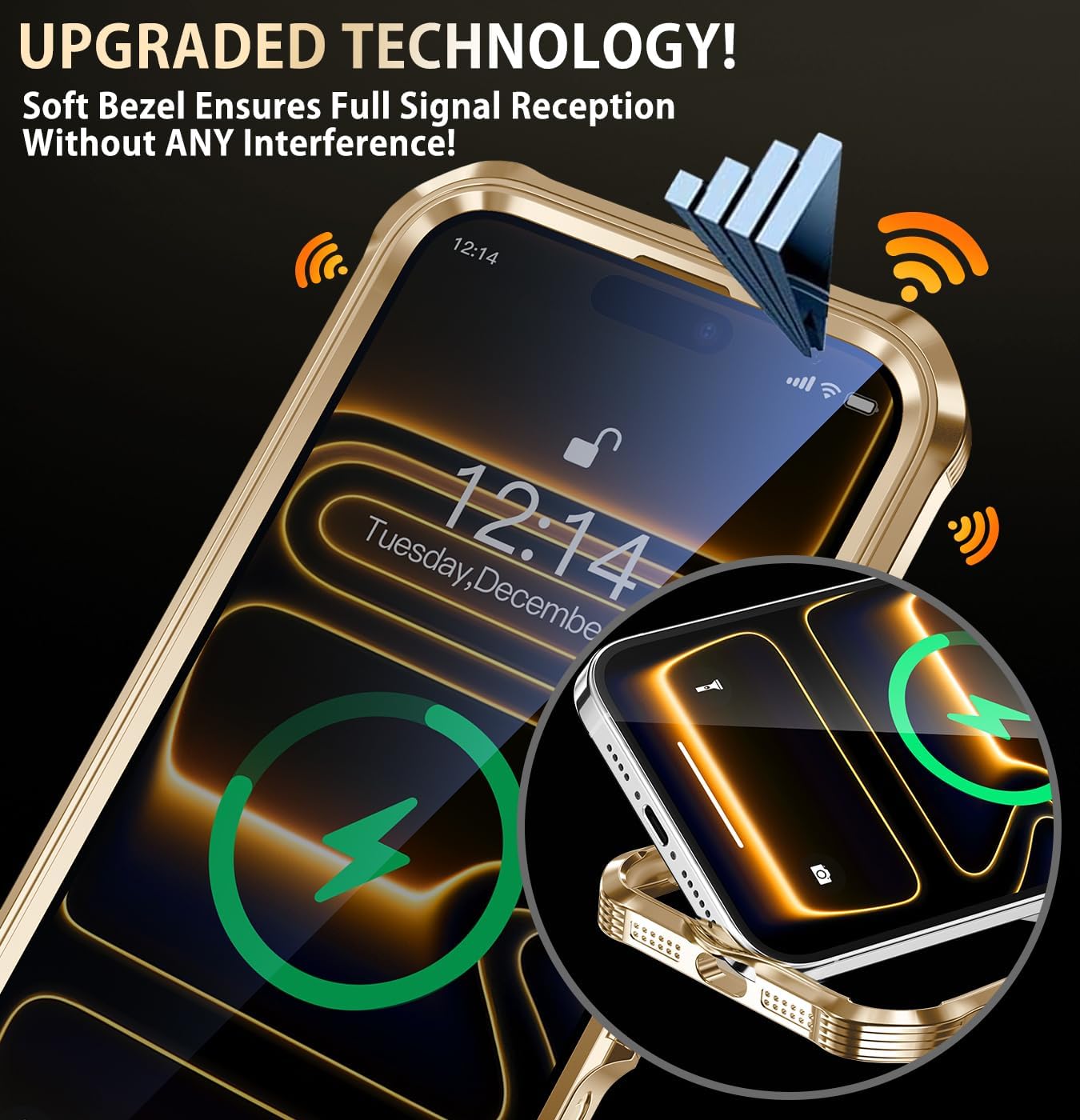 Reukdnv [Built-in Privacy Screen Protector & Invisible Ring Stand] Privacy Case for iPhone 17 Pro 6.3'' [Soft Bumper Full Signal] [Compatible with MagSafe] Full-Body Shockproof Clear Case, Gold