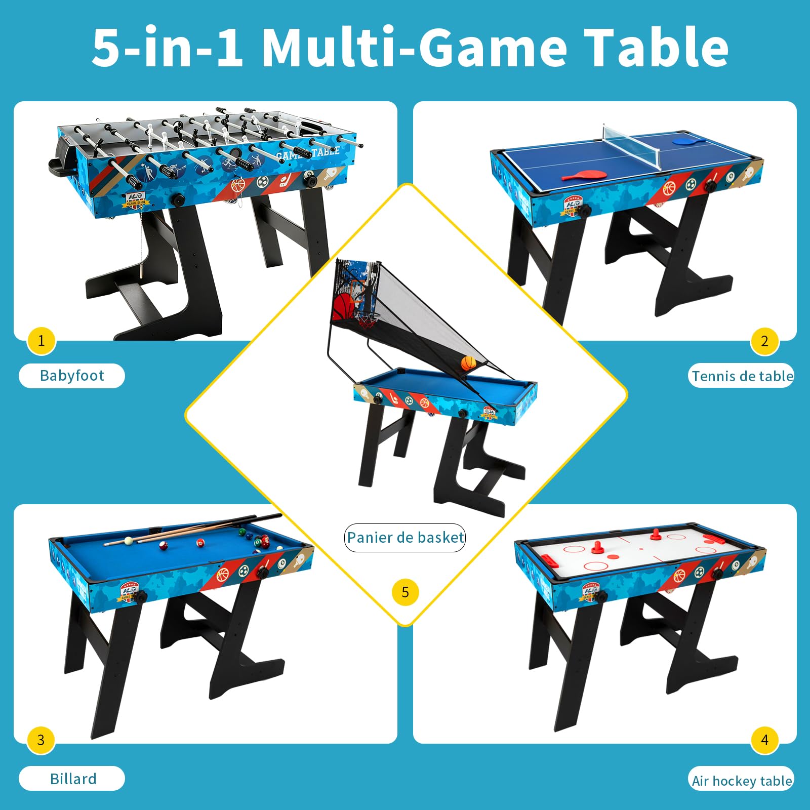 HLC 5 in 1 Multifunktionstisch Spieltisch Billiardtisch Tischkicker Fußballtisch Tischtennis Air Hockey Basketballspiel klappbar für Kinder