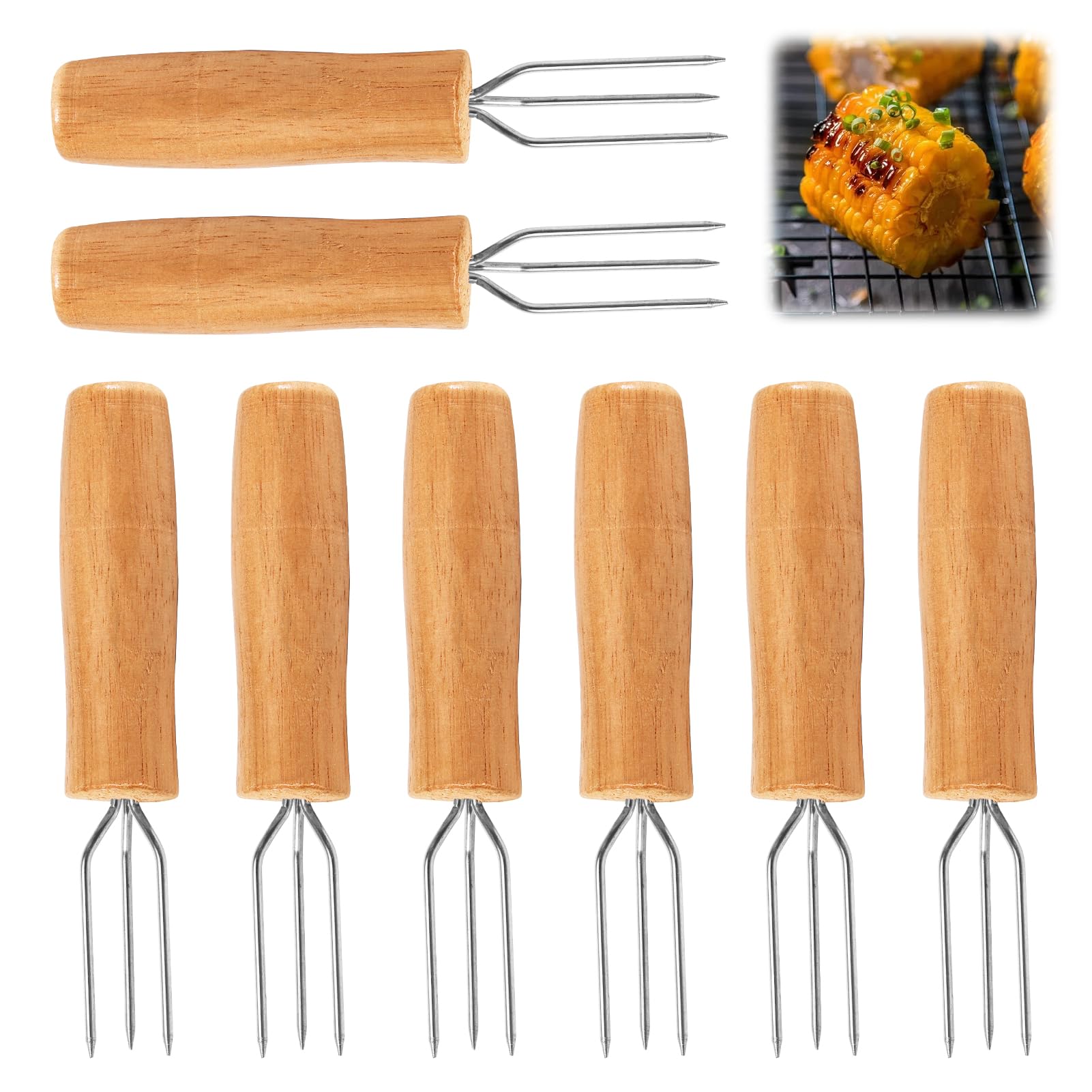 Tulov Pack of 8 jacket potato forks with 3 teeth, high-quality chocolate fork, potato fork made of stainless steel, corn fork, beech wood handle for vegetables, corn on the cob and grilled food