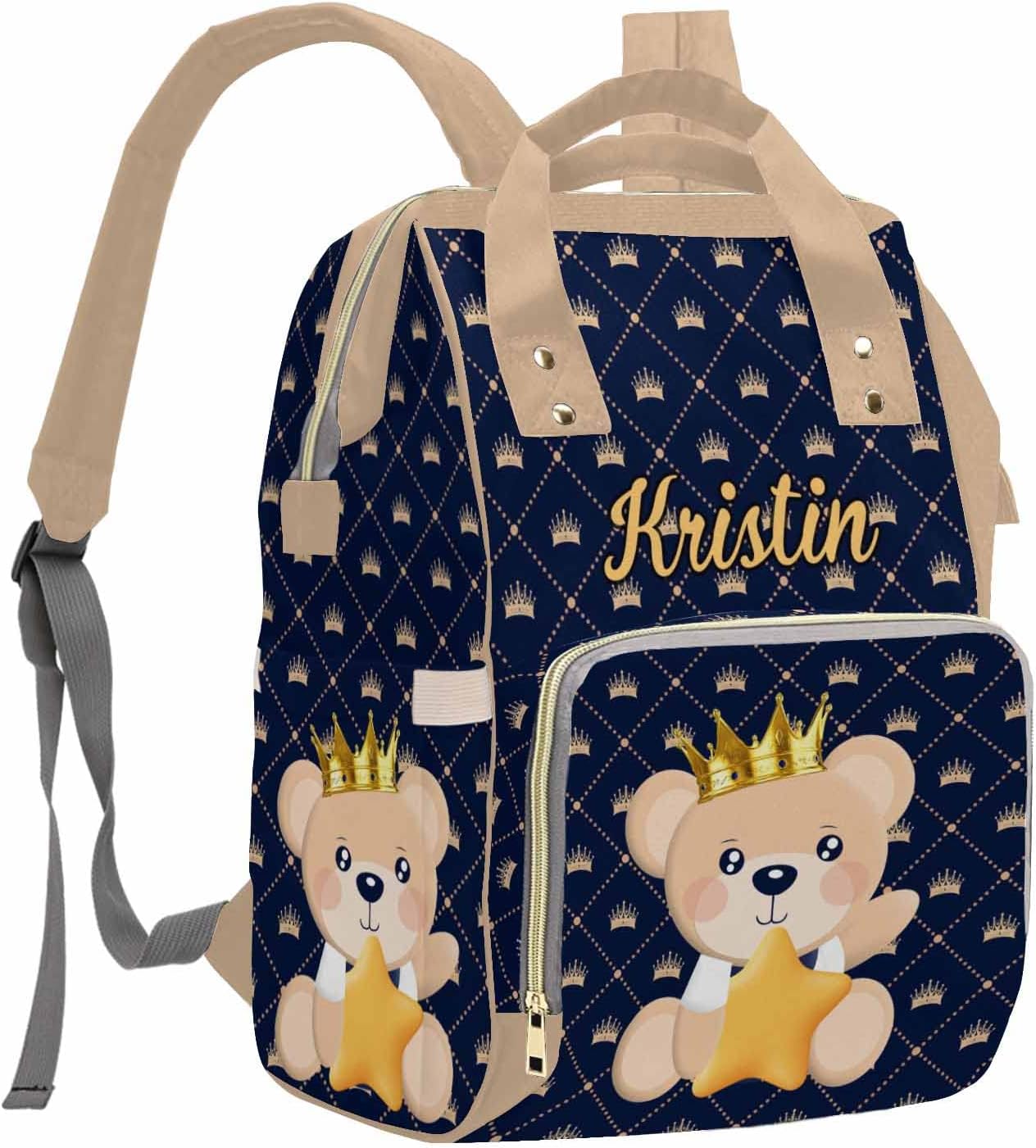 MyPupSocks Personalized Bear Prince Diaper Bag Backpack with Name, Custom Name Mommy Nappy Bags, Gift for New Mom Baby Girl Boy Newborn