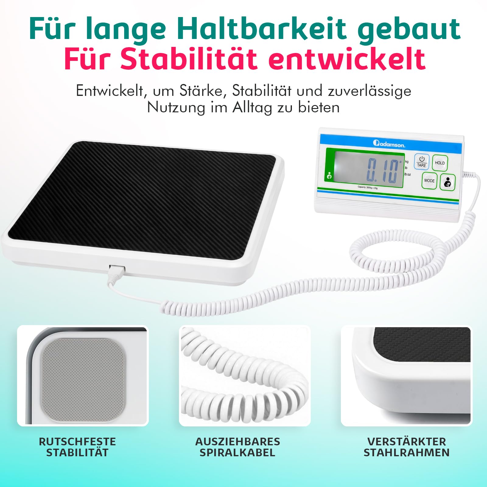 Medizinische Personenwaage Extra Breit 300 kg mit Hoher Präzision | Mit beleuchtetem Display in kg lb und oz, Schwarz