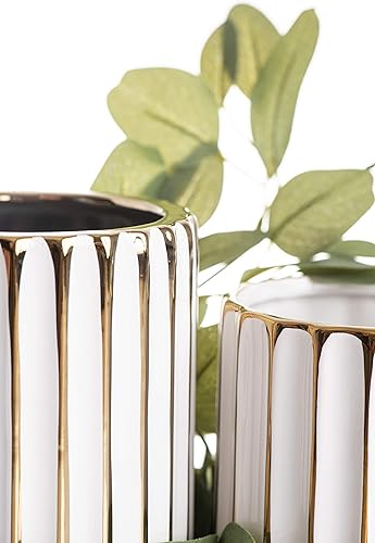 Miniatura 5 de jupriverco Jarrón blanco y dorado, elegante decoración del hogar, florero de flores, centro de mesa de cocina, crestas geométricas, parte inferior