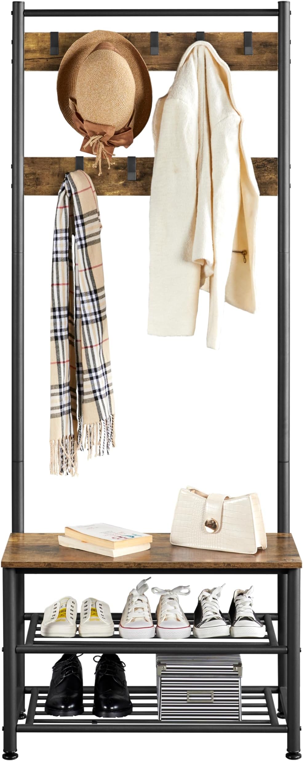 costoffs Coat Rack Stand, Freestanding Metal Hall Tree, Entryway Organization with Hooks and Shelves, Rustic Brown