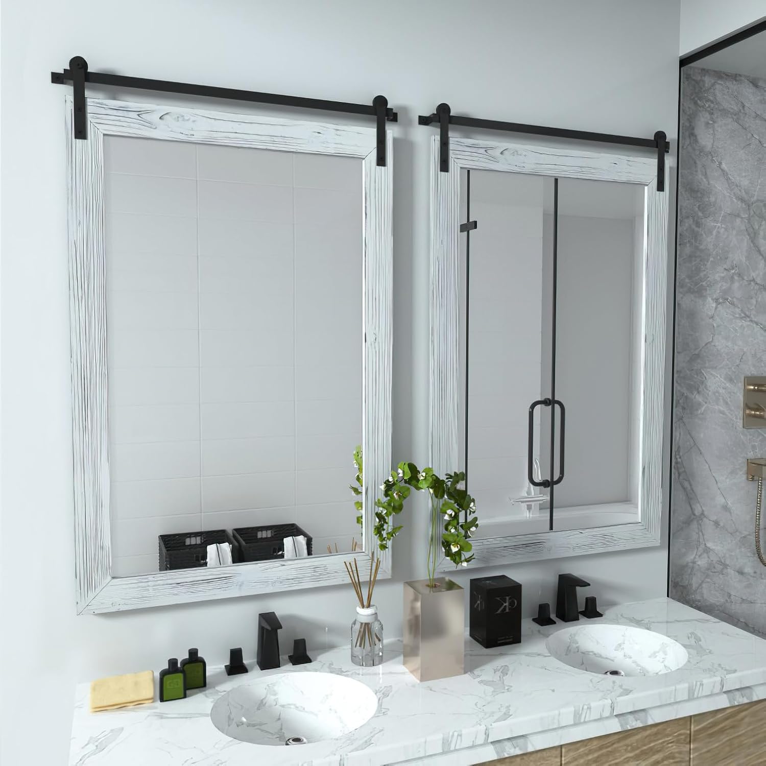 COGOOD Farmhouse Barn Door Mirror - 38" x 25" Rustic Wood Framed Wall Mirror for Bathroom, Living Room, Entryway Wall Decorative (White) White 38"L x 25"W