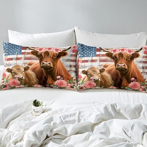 Miniatura 4 de Manfei Highland Cattle - Juego de sábanas de tamaño matrimonial, juego de sábanas de flores rosas rosas de 4 piezas con sábana bajera de bolsillo