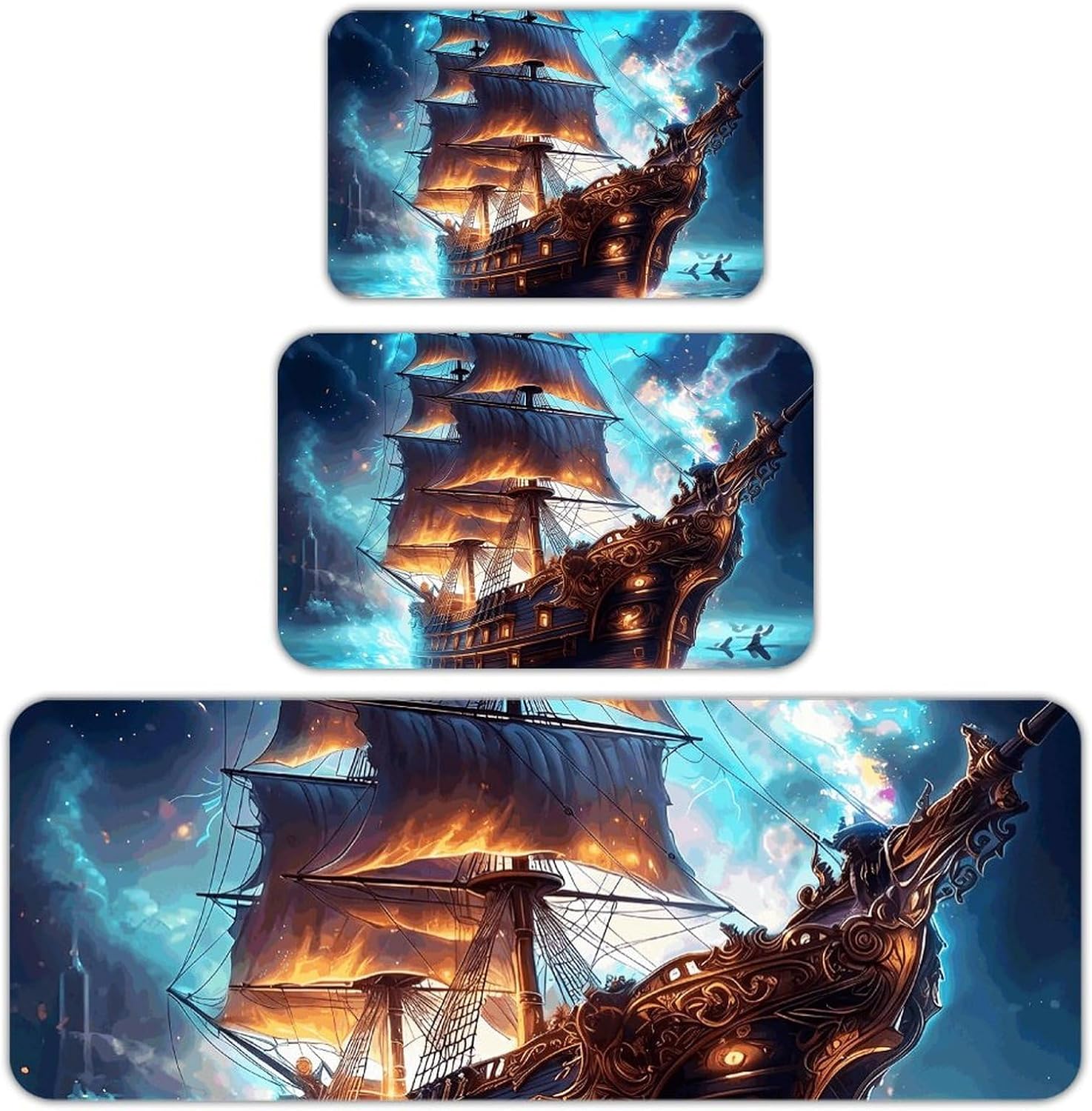 Starry Night Ancient Ship Kitchen Mats for Floor 3 Pcs Kitchen Rugs