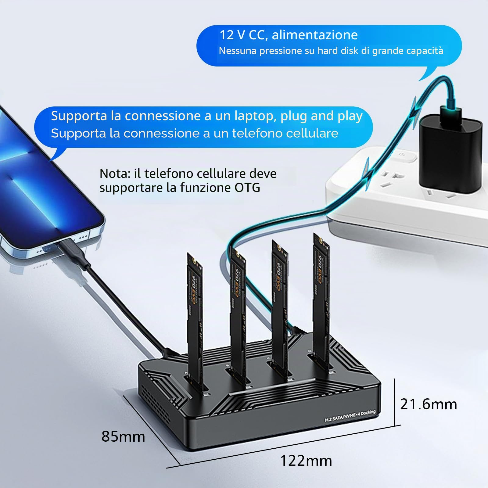 Docking Station M.2 NVME SATA SSD USB 3.2 Gen 2 10Gbps, 4 Bay | M-Key B+M Key, 2230 2242 2260 2280 SSD, Adattatore in alluminio