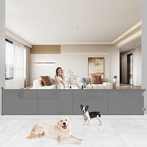 Miniatura 10 de Puertas retráctiles mejoradas para bebé, 35 pulgadas de alto que se extienden hasta 60 pulgadas de ancho, puerta de malla para perros interior para
