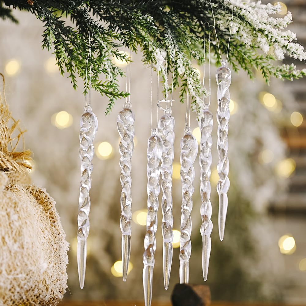 24pcs Crystal Clear Acrylic Party Ornaments Xmas Tree Icicle Hanging Ornaments for Christmas New Year Holiday Wedding Winter Outdoor Party Decoration