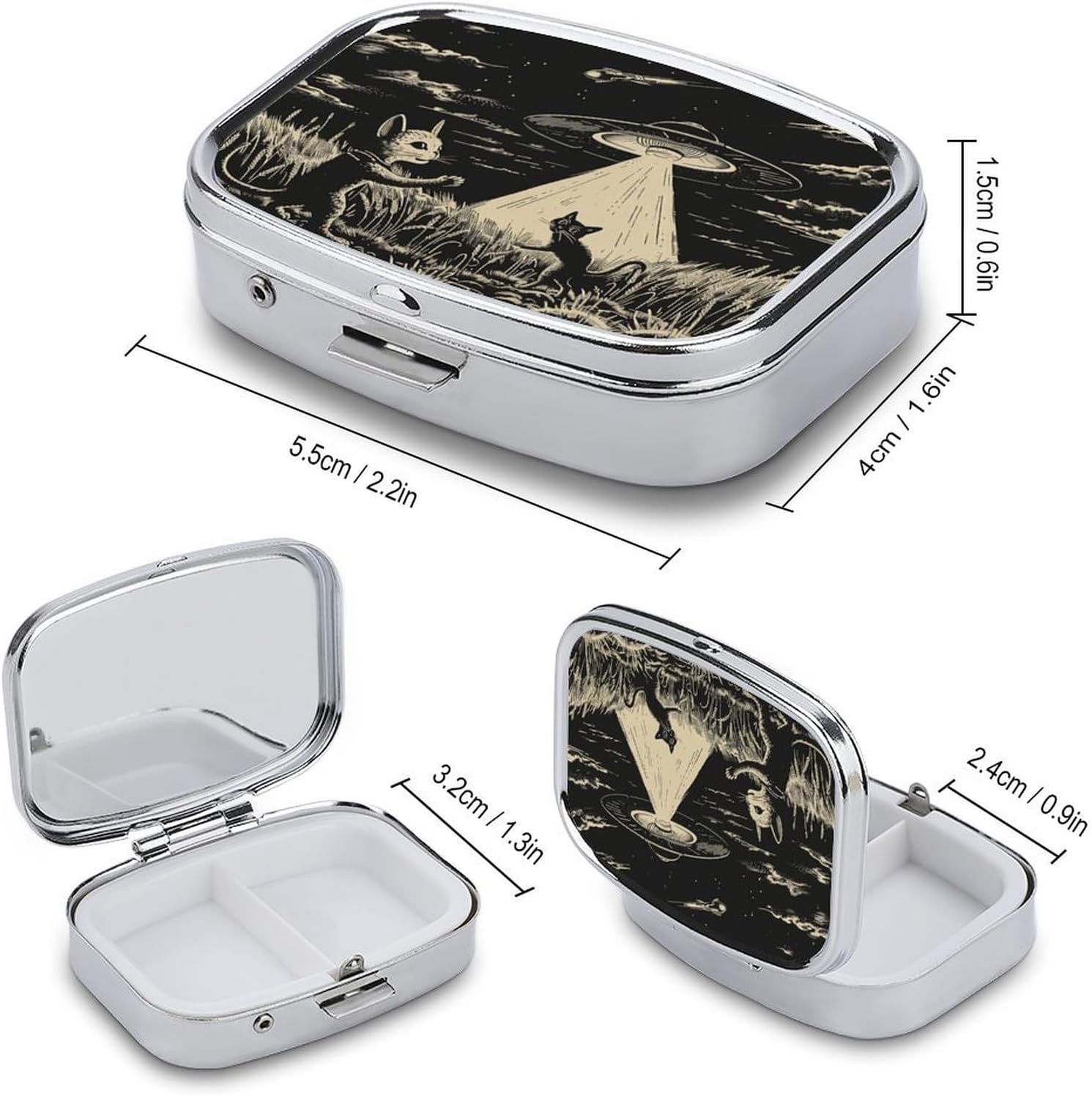 Metal 2 Compartment Pill Organizer Travel Friendly Portable Compact Pill Box Cute Pill Case,for Pocket Wallets Daily Portable Medicine Vitamin Tablet Storage (Mysterious cat) image 2