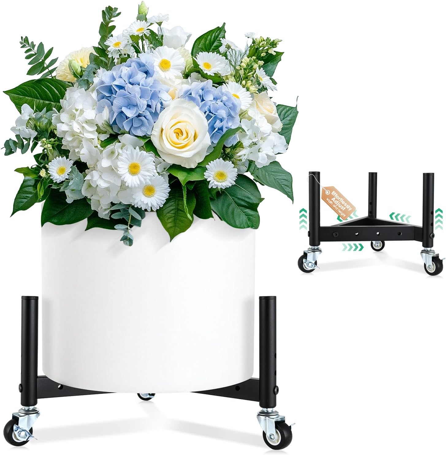 Adjustable Width & Height Metal Plant Caddy, Heavy Duty 110LB Load,Universal wheel Heavy Duty Flower Pot Stands for Multiple Plant,Rust prevention Carbon steel Plant Pot Shelf,Decoration Racks for Home Indoor and Outdoor,Pot & Plant Not Included (Black 8.1inch)