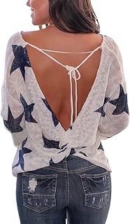 Womens Casual Long Batwing Sleeve Knit Tops V Neck Star Print Pullover Sweater - coolthings.us