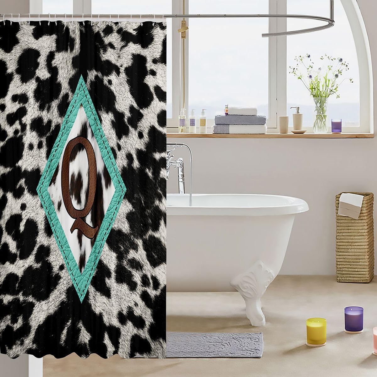 jejeloiu Cow Fur Print Shower Curtain for Bathroom Decor Personalized Initial Letter Q Bath Curtain for Stalls Bathtubs Cowhide Bathroom Accessories Waterproof Polyester Fabric with 12 Hooks 72"x72" image 3