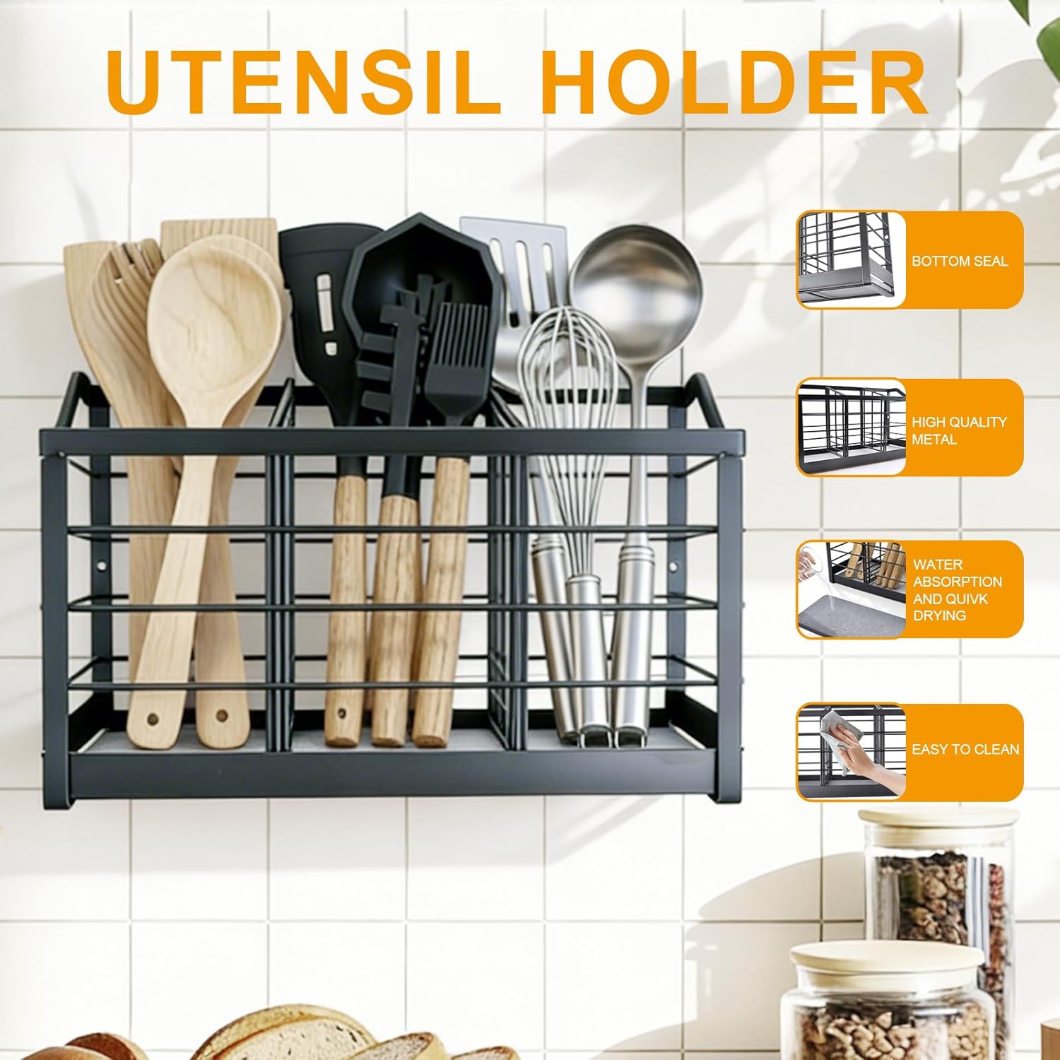 Large Kitchen Utensil Holder for Countertop, Cooking Utensil Holder Organizer with Diatomaceous Earth Base Matte Black, Utensil Organizer for Spatula and Kitchen Utensils (3 Compartments)