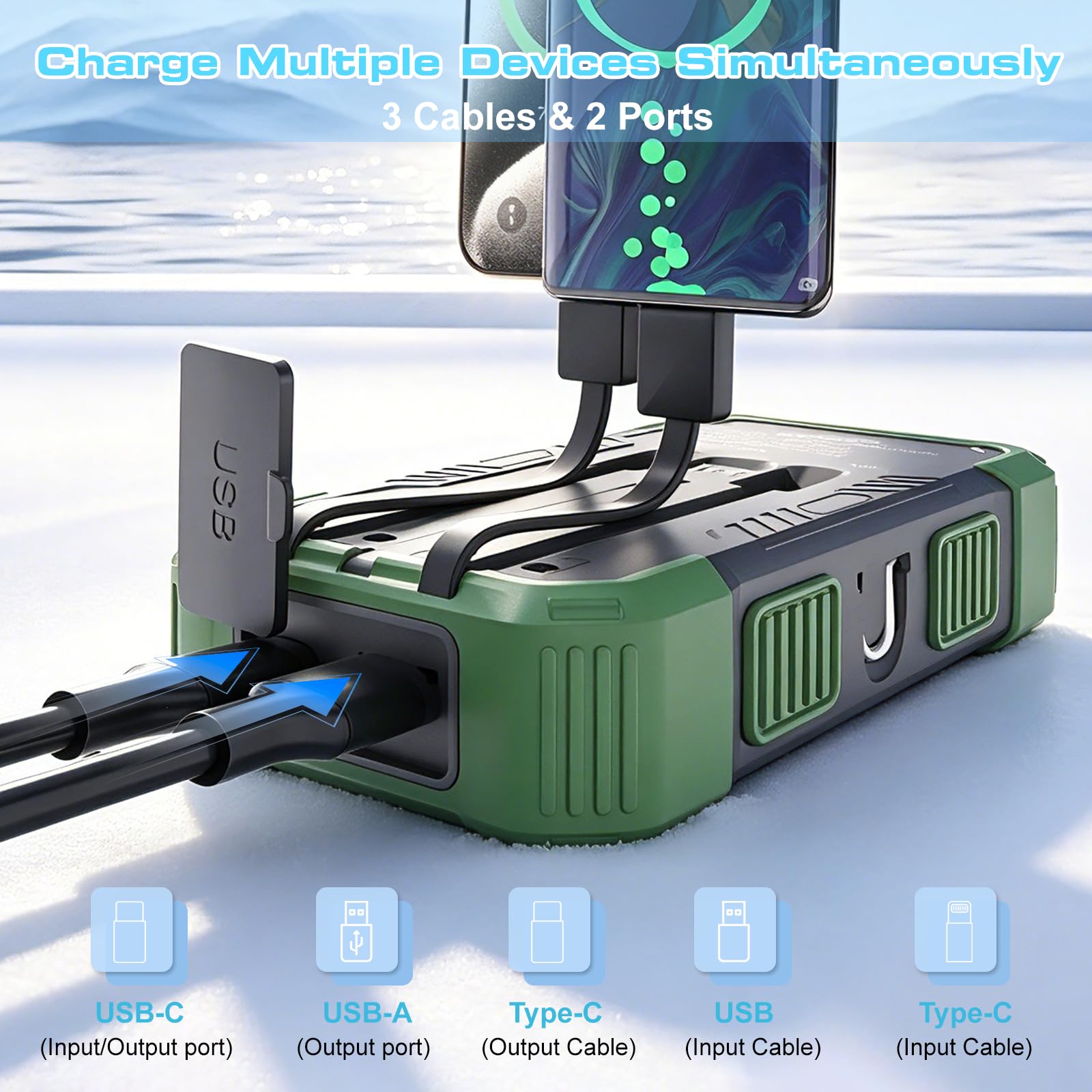 Chargeur solaire 20 000 mAh, chargeur portable sans fil avec câbles intégrés, chargeur de batterie à charge rapide USB-C, chargeur de téléphone extérieur avec double lampe de poche LED pour camping