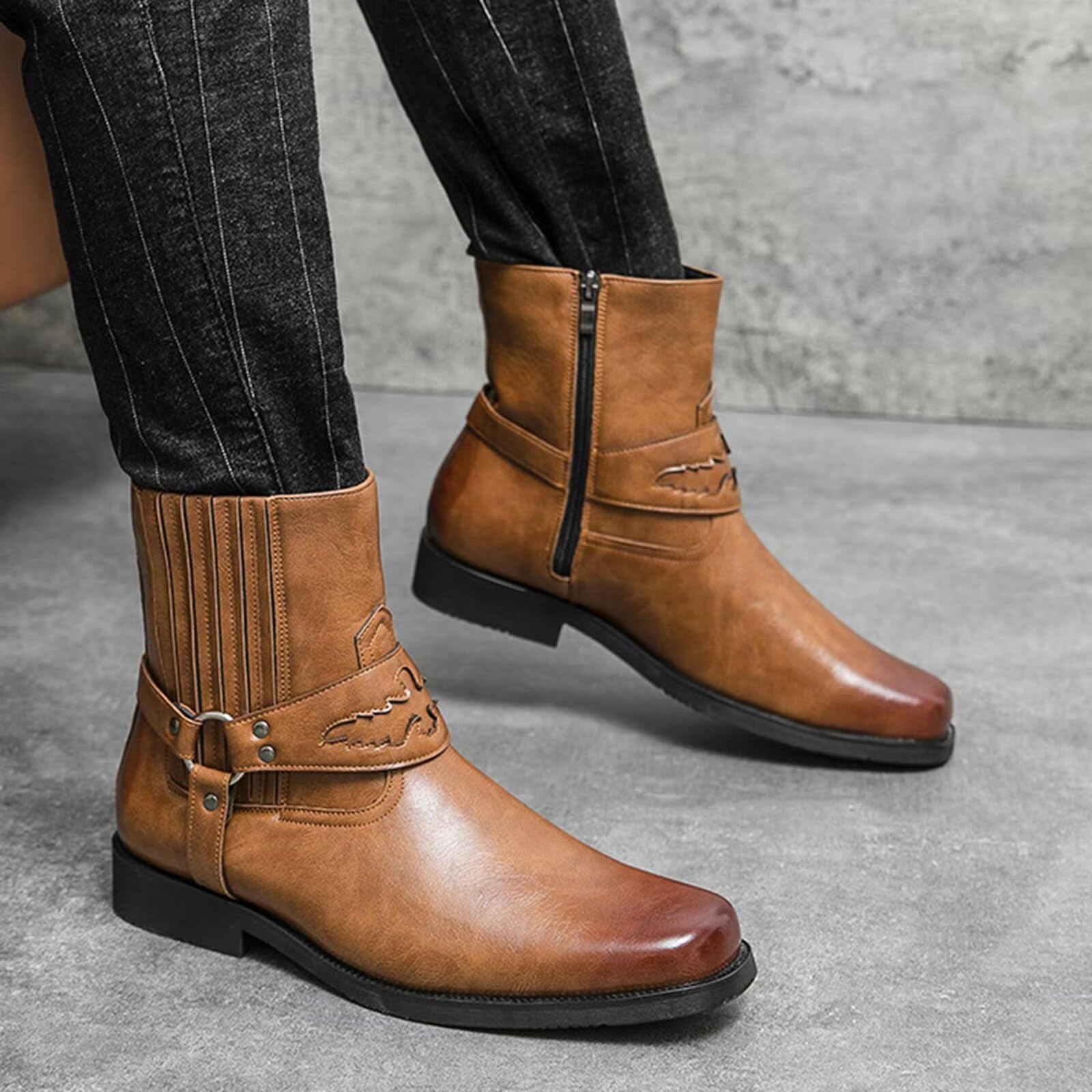 HusSeN Zachodnie kowbojskie buty dla mężczyzn buty do połowy łydki niski obcas na co dzień haftowane boczny zamek błyskawiczny retro buty robocze unisex buty do połowy łydki