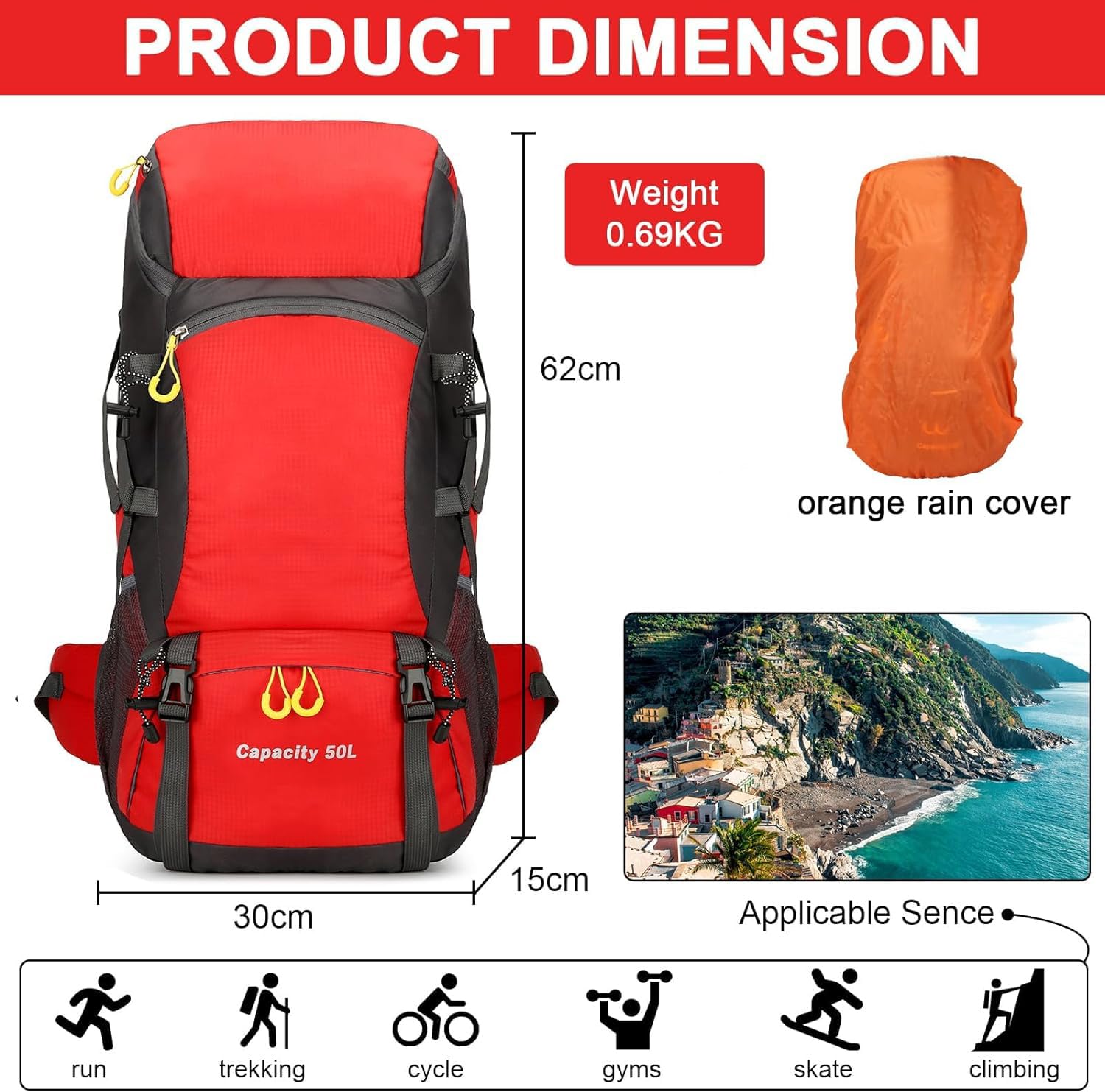 jianyana Sac à Dos de Randonnée 50L Homme Femme, Sac à Dos Trekking Voyages avec Housse de Pluie, Imperméable Sac à Dos pour Camping Alpinisme Voyages Plein Air Sports