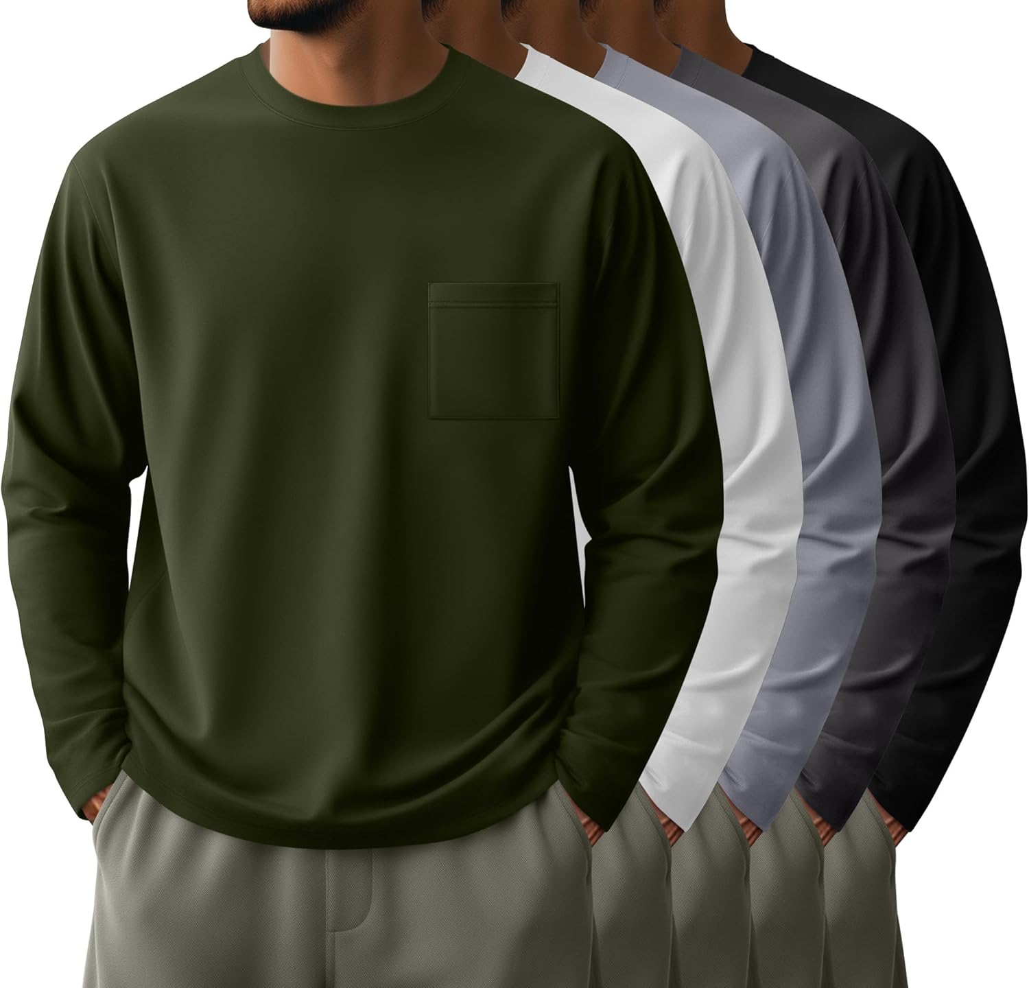 Neer 5 Pack Men's Big and Tall Long Sleeve Pocket T-Shirt Lightweight Crew Neck Shirts Slim Fit Top Casual Basic Tees