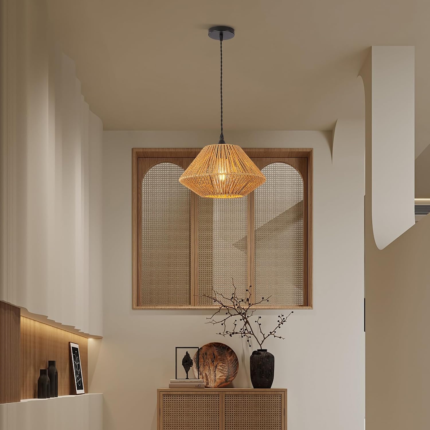 CXWV Pendant Light 11.8-inch Woven Hemp Rope Lamp E26 Base Vintage Boho Rattan Lampshade,2 Meters Adjustable Length Hanging Pendant Light Fixture for Kitchen Island,Dining Room,Bar.