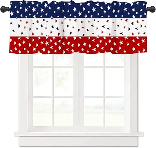 Cenefas de cortina de granja para el Día de la Independencia Rojo Blanco Azul Cenefas de cocina 4 de julio con bolsillo para barra Cortinas cortas
