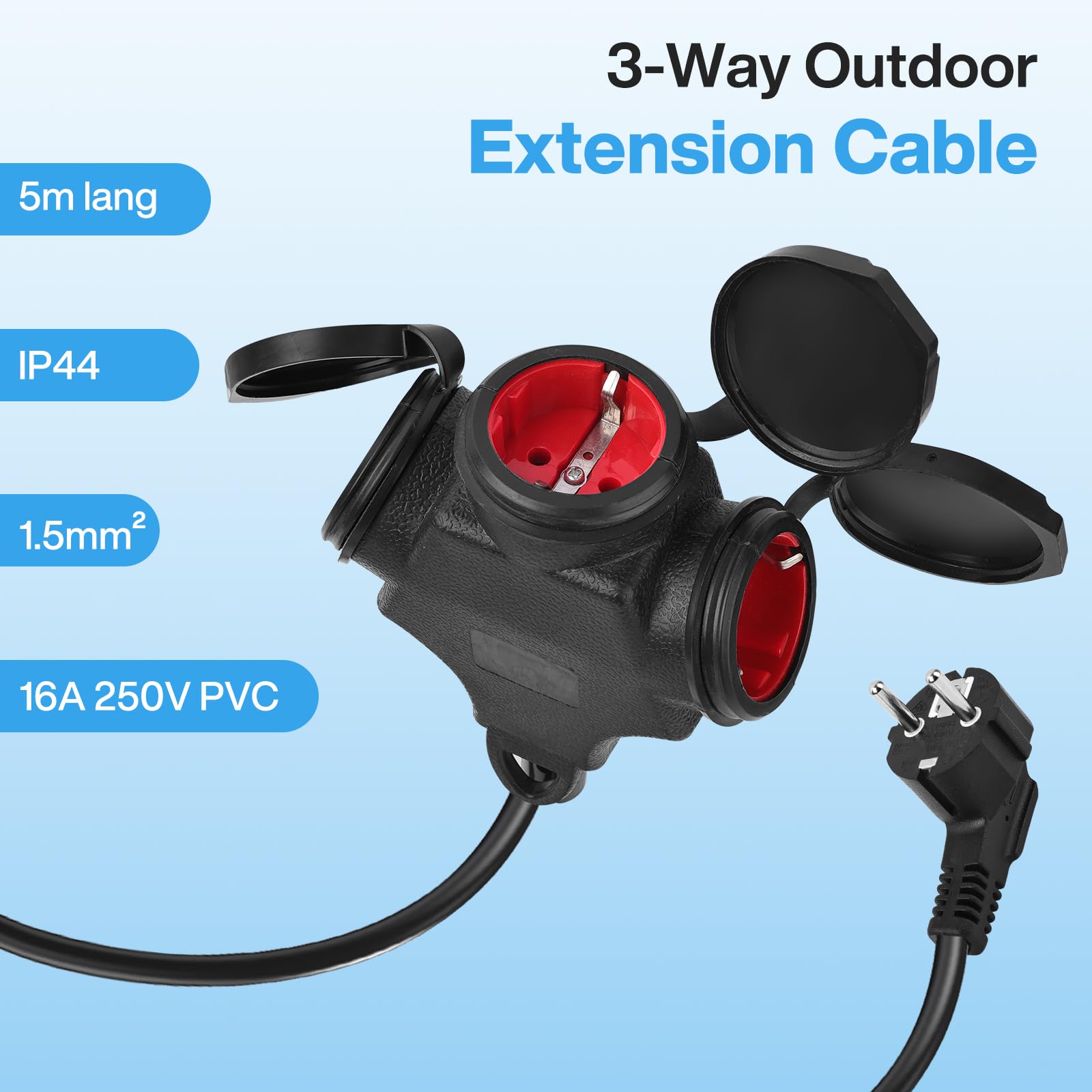 Cable corto de 5 m con 3 tomas de corriente: cable de extensión corto en el exterior con contacto a tierra con 3 tomas de corriente alterna, 1,5 mm², hasta 250 V/16 A, doble enchufe para doble enchufe