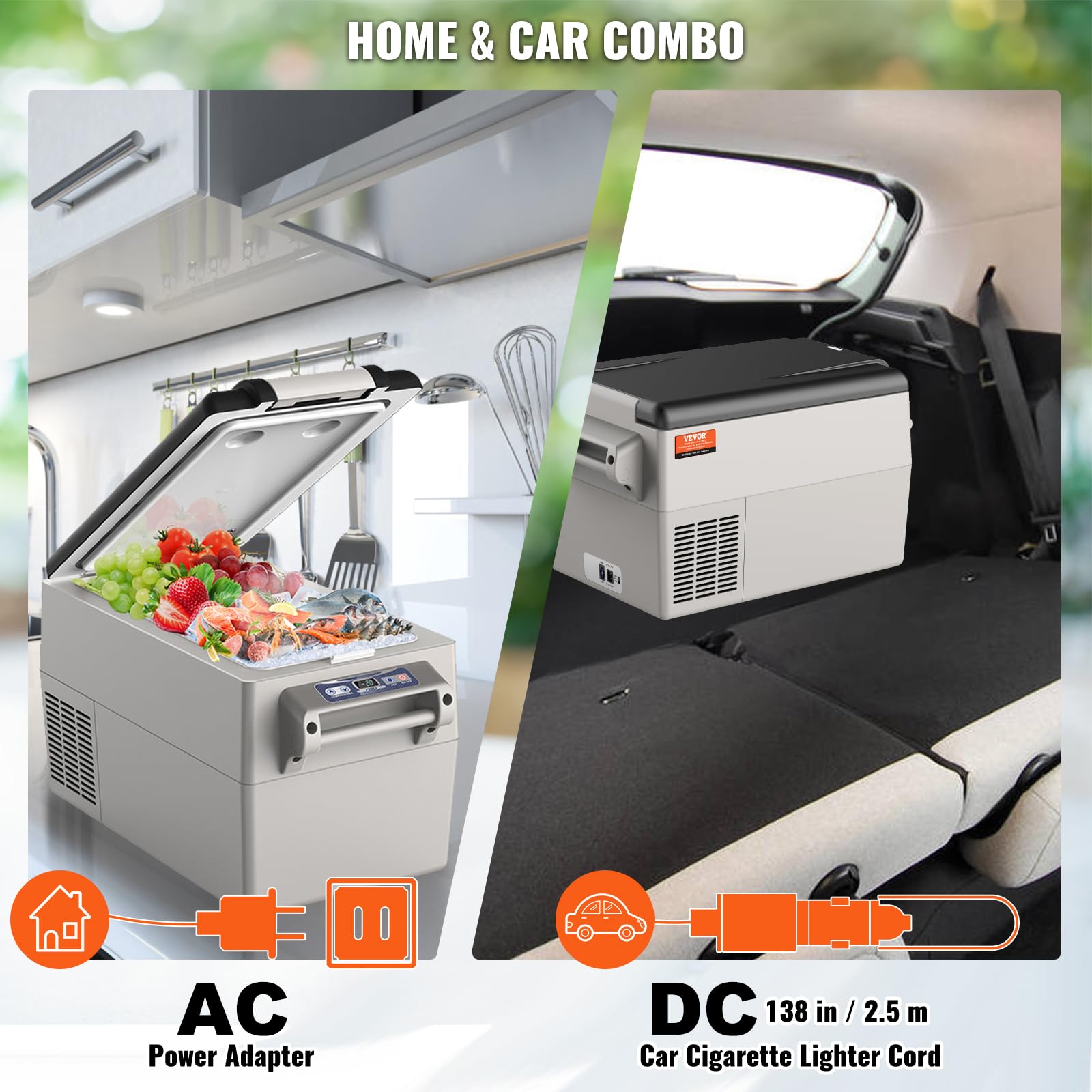 VEVOR Lodówka samochodowa, 12 V, przenośna, 32-litrowa zamrażarka z dwoma strefami, regulowany zakres od -4 ℉ do 50 ℉, 12/24 V DC i 100-240 V AC chłodnica kompresorowa na zewnątrz