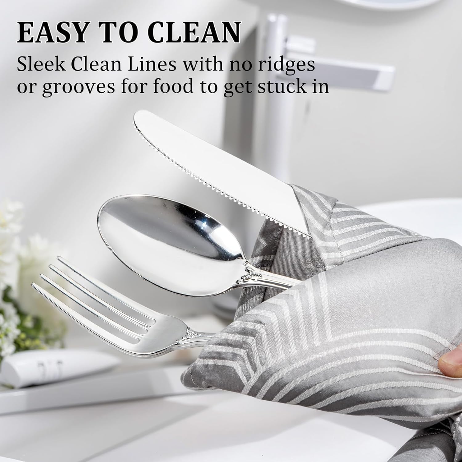 300Pieces Silver Plastic Silverware - Heavy Duty Silver Disposable Utensils - Vintage Plastic Cutlery Set Includes 100 Forks, 100 Spoons, 100 Knives for Dinner Parties Weddings