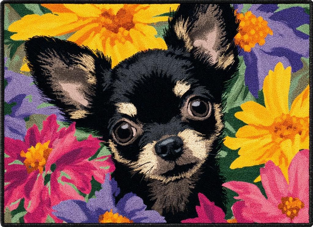 Latch Hook Rug Kit Black Chihuahua Dog in Flowers Tapestry 52x38cm