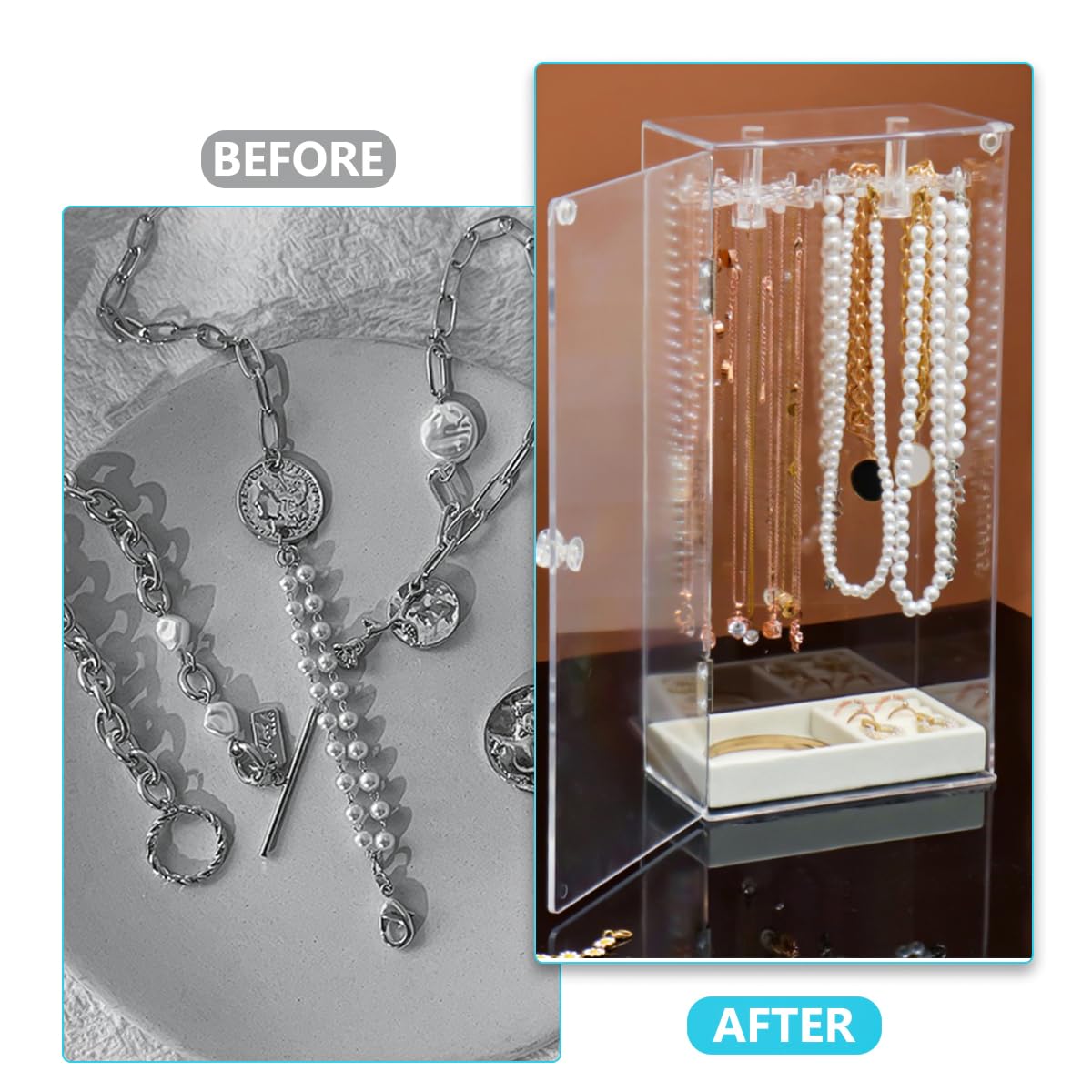 Organizador Joyas Acrílico, con 24 Ganchos Giratorios, para Collares, Pendientes, Colgantes, Pulseras