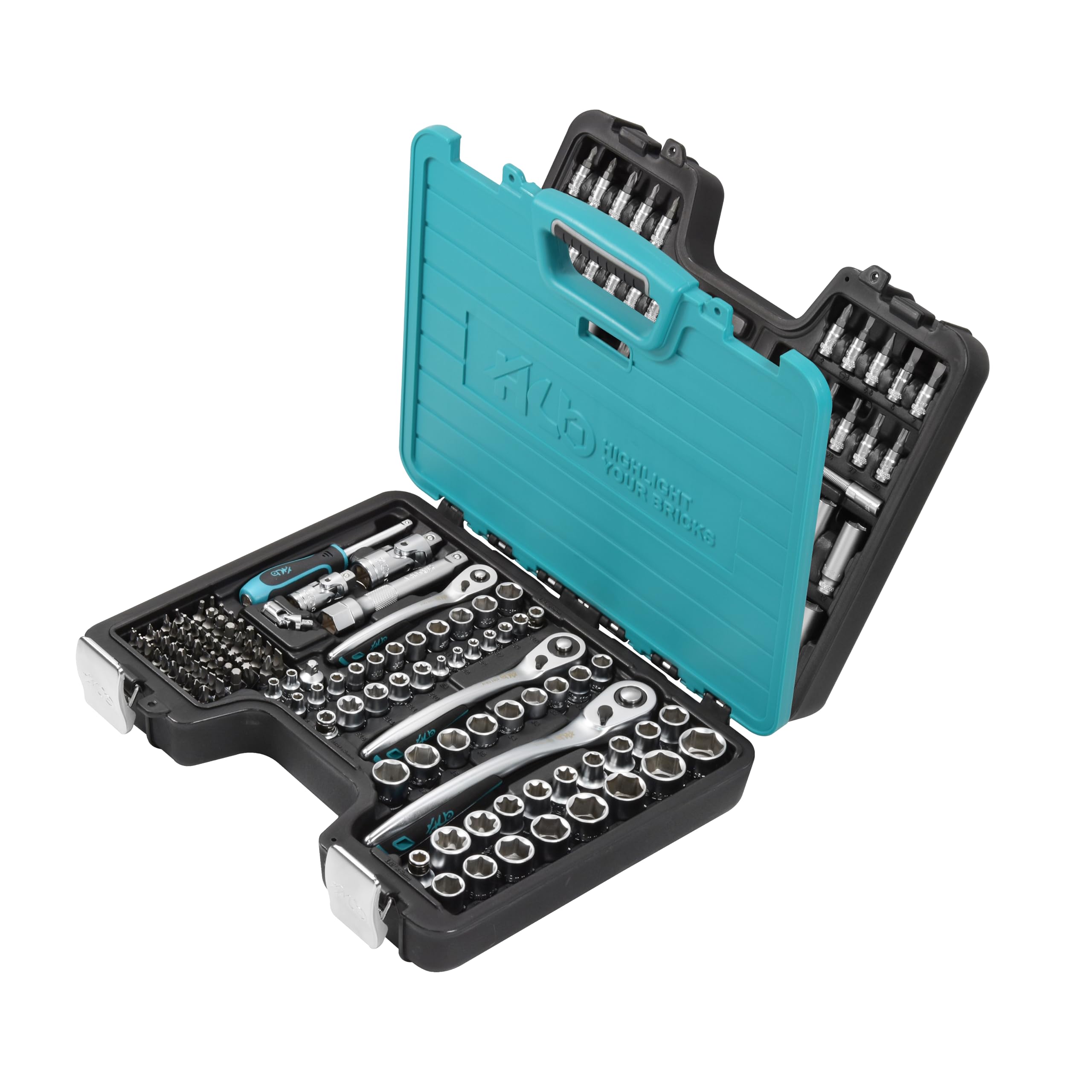 HB Set di Bussole 168 Pezzi con Cricchetto Offset Reversibile 120 Denti 1/2" 3/8" 1/4", Custodia Compatta con Chiusura Metallo, Bussole Metriche ed E-Torx, Acciaio CR-V, Made in Taiwan AKM002-G