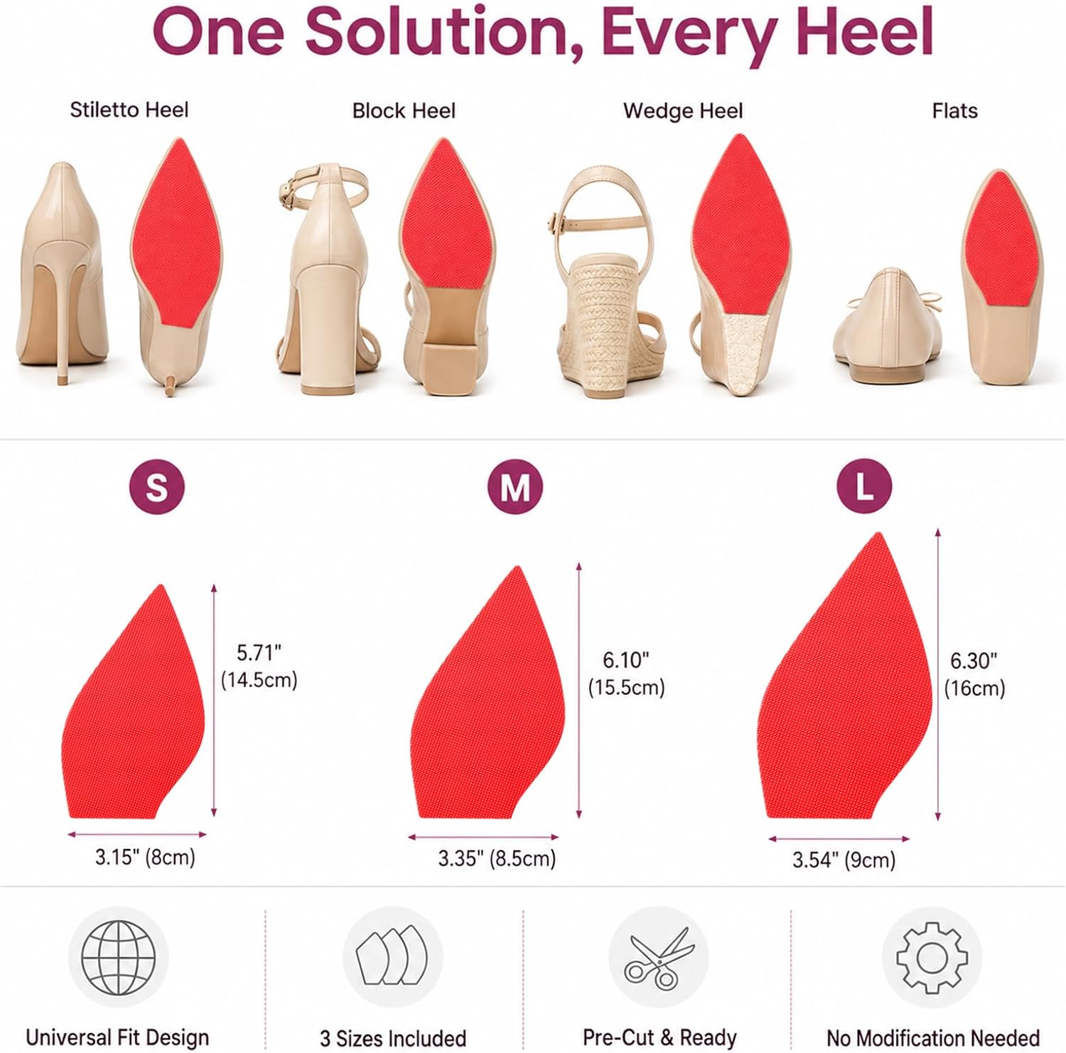 Sole Shields for Red Bottom Heels, 3 Pairs – Shoe Sole Protector Non-Slip Shoe Pads, Pre-Trimmed Half-Sole Covers for Stilettos, Pumps & Dress Shoes
