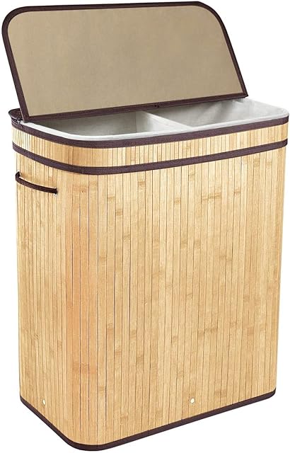BRIAN & DANY 100L Bamboo Laundry Basket 2-Sectional Washing Box Bin Storage Hamper with Lid and Removable Liners, Natural