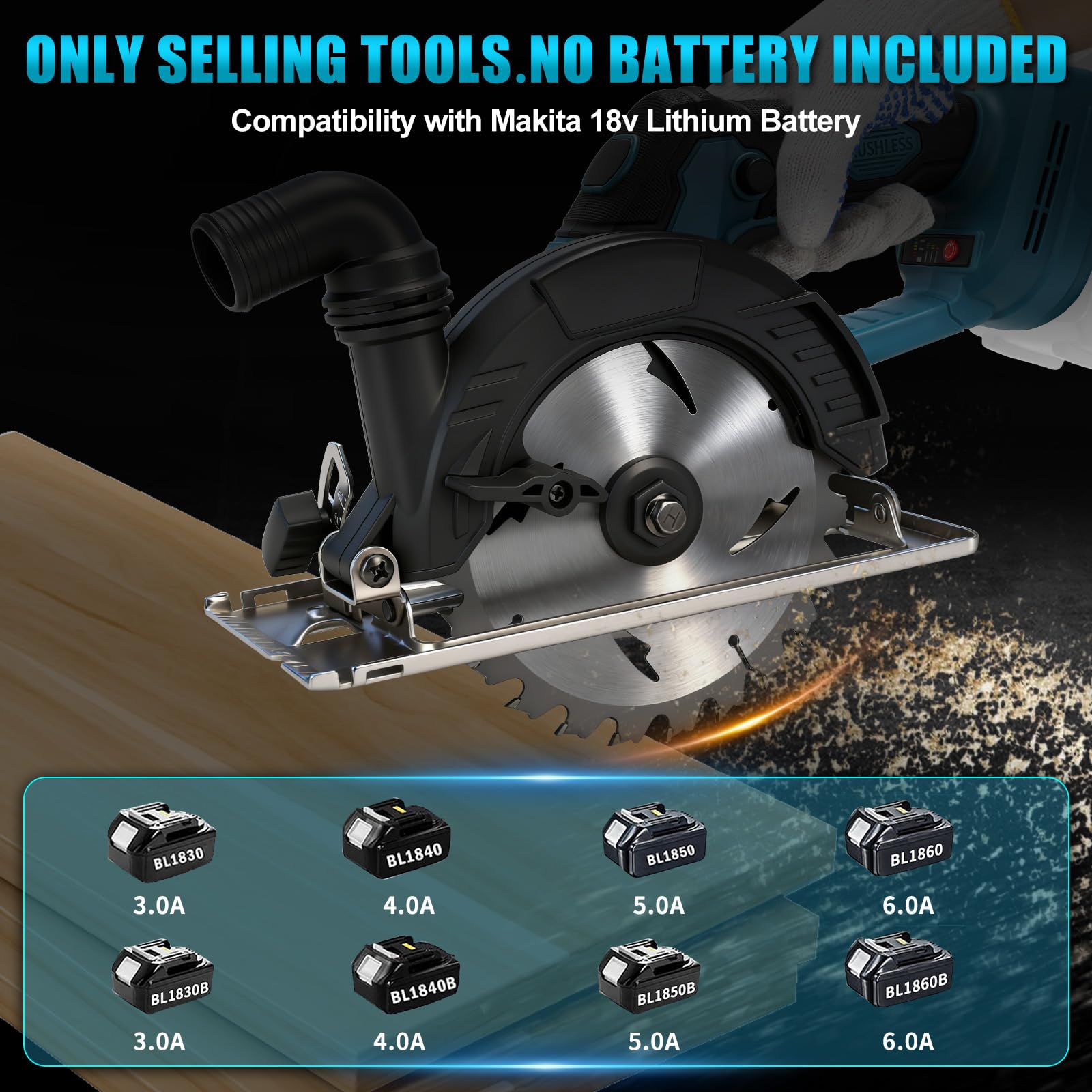 Sierra circular de mano con batería para Makita 18 V batería de litio (sin batería), motor sin escobillas, hoja de sierra Ø 150 mm, 6000 rpm, profundidad de corte 56 mm, 0-45°, con pantalla digital