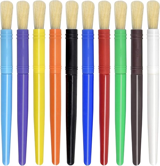 Focenat 10PCS Kids Paint Brushes, Hogs Hair Brushes, Childrens Paint Brushes Set, Round Hog Bristle Paint Brushes, Children's Paintbrushes, Kids Painting Tools, Colourful Toddler Paint Brushes Set