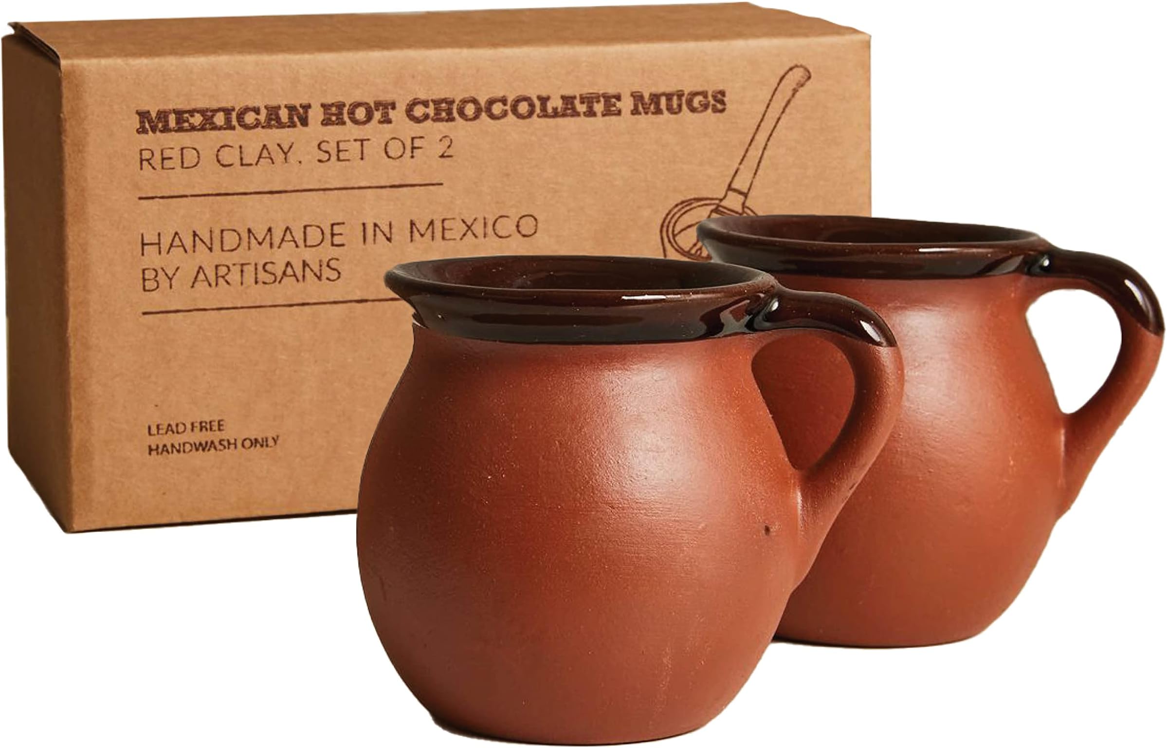 Verve CULTURE Hot Chocolate Mugs, Set of 2 Mexican Clay Mugs, Handmade Coffee Cups for Cocoa, Coffee and Tea