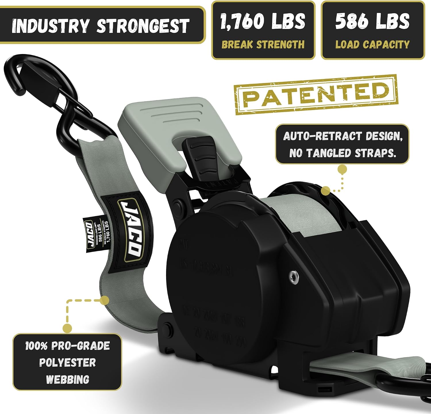 JACO Retractable Ratchet Straps - 1 in x 15 ft (4-Pack) (1,760lbs Break Strength) | Auto Self Retracting Cargo Tie Down Strap Set (Gray)