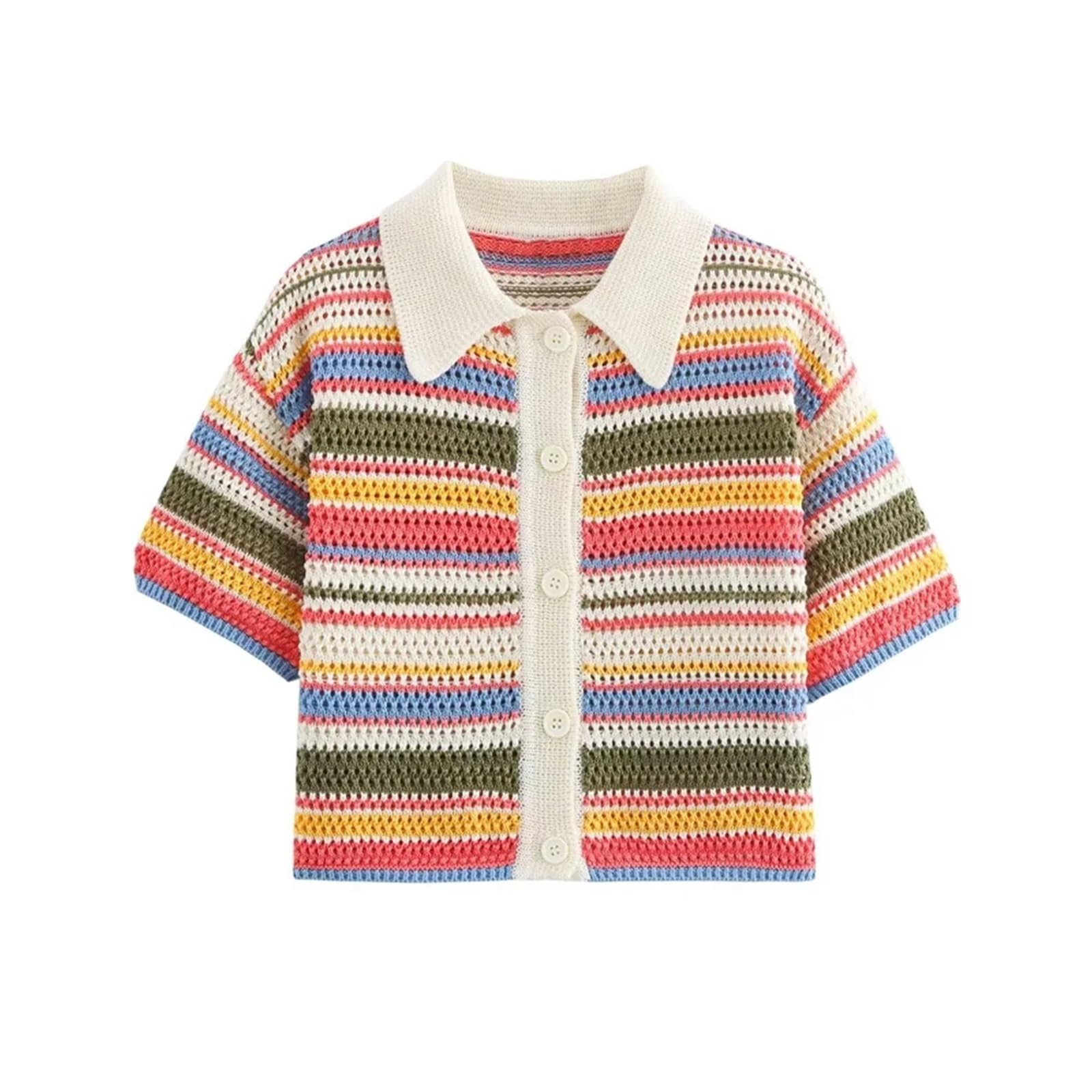 Cardigan Mujer Corta Suéter de Punto Crochet a Rayas, Cuello Polo, Manga Corta, Abotonado, Ropa Abrigo